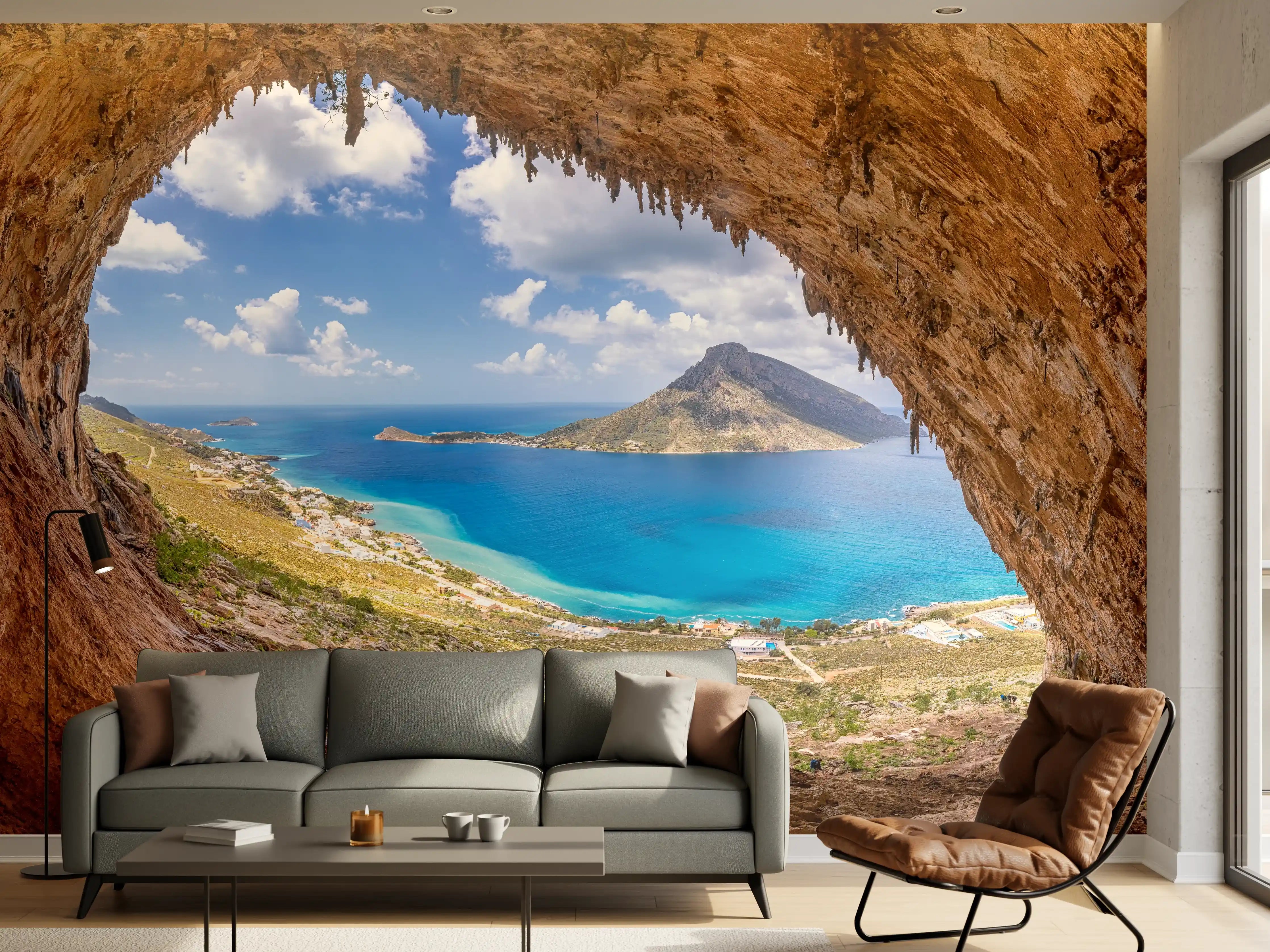 Wandverkleidung Wohnzimmer - Kustenaussicht mit Blick durch die Höhle