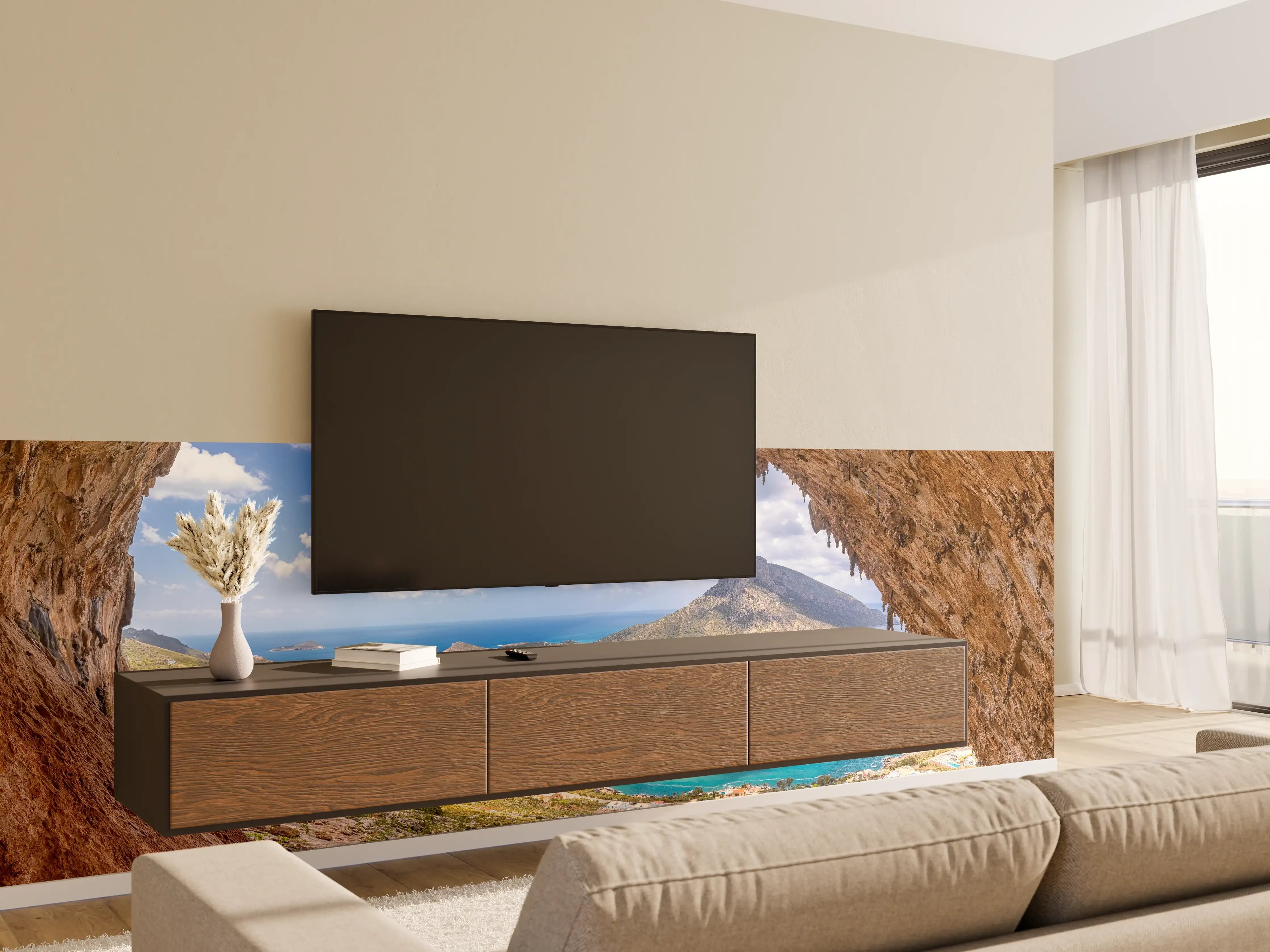 Wandverkleidung Wohnzimmer - Kustenaussicht mit Blick durch die Höhle
