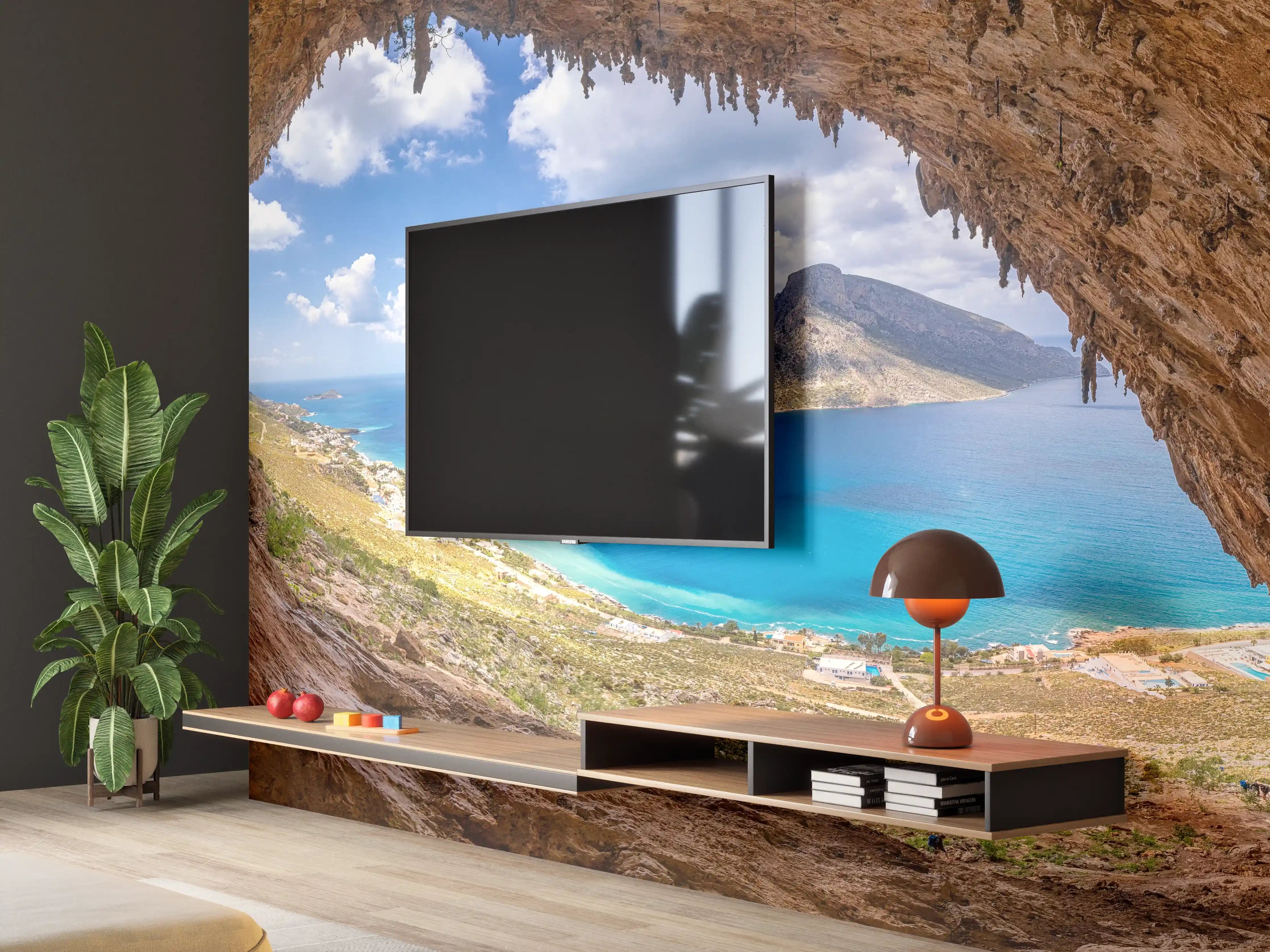 Wandverkleidung Wohnzimmer - Kustenaussicht mit Blick durch die Höhle