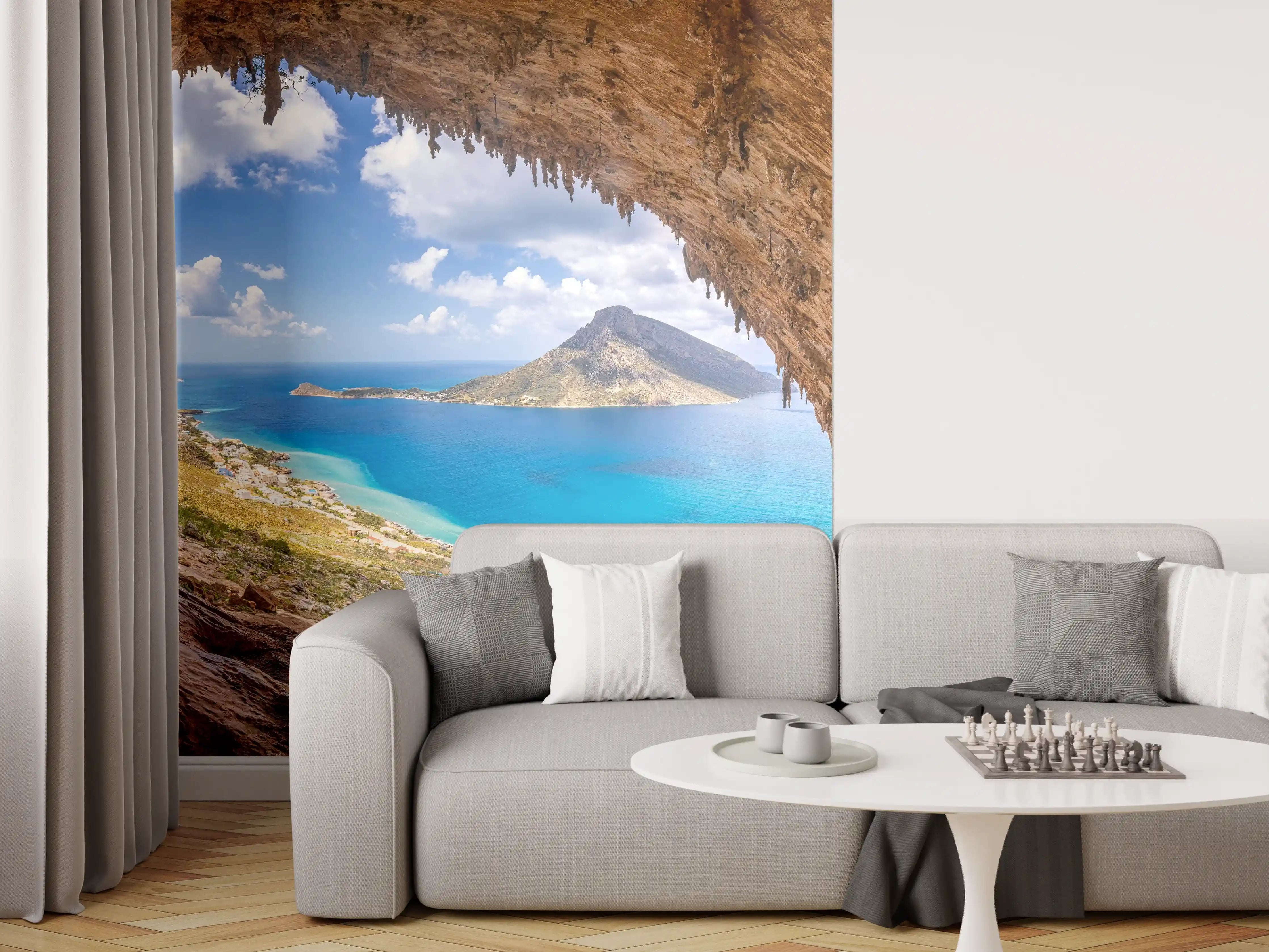 Wandverkleidung Wohnzimmer - Kustenaussicht mit Blick durch die Höhle