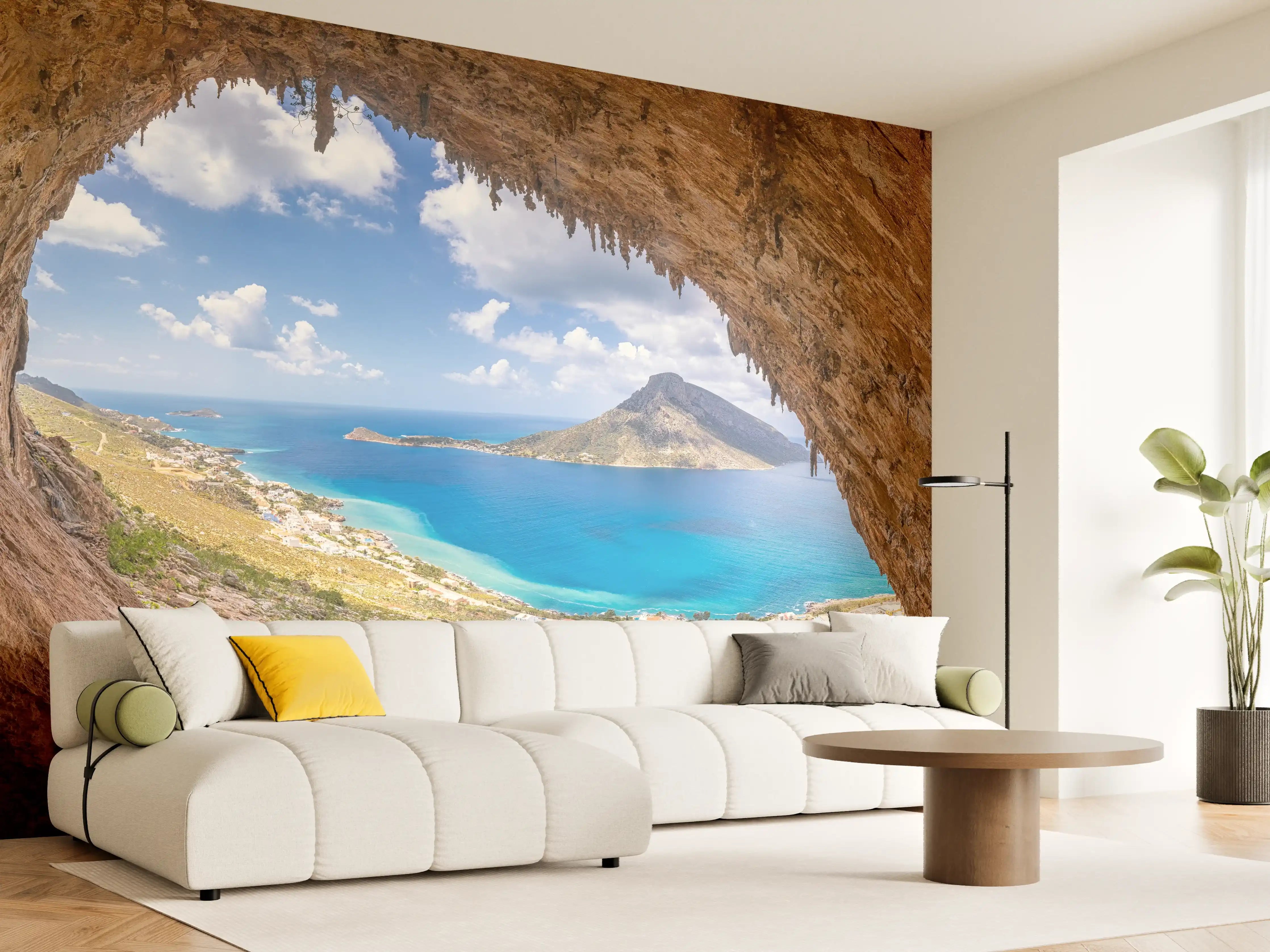 Wandverkleidung Wohnzimmer - Kustenaussicht mit Blick durch die Höhle