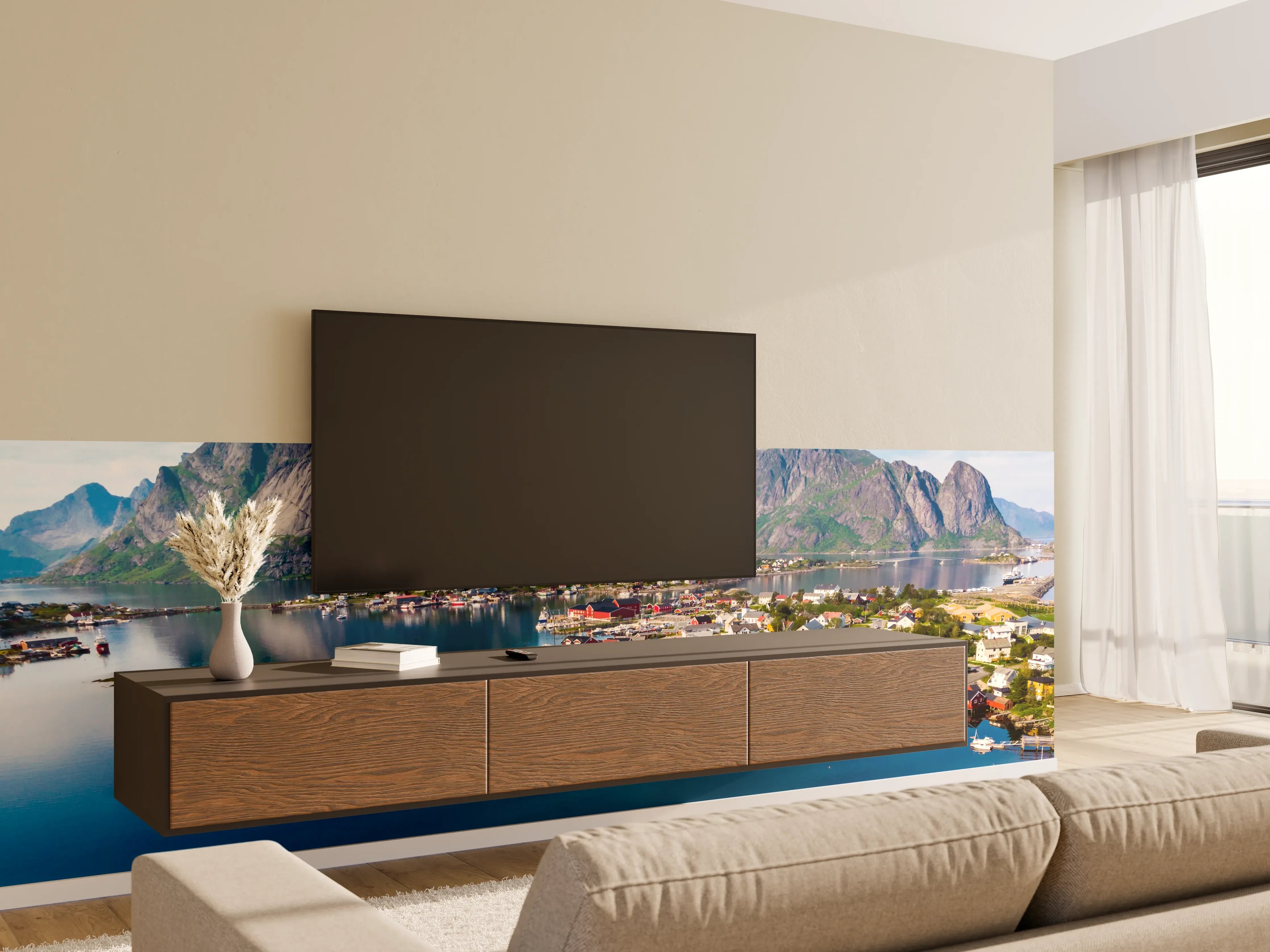 Wandverkleidung Wohnzimmer - Landschaft am Fjord mit Bergen