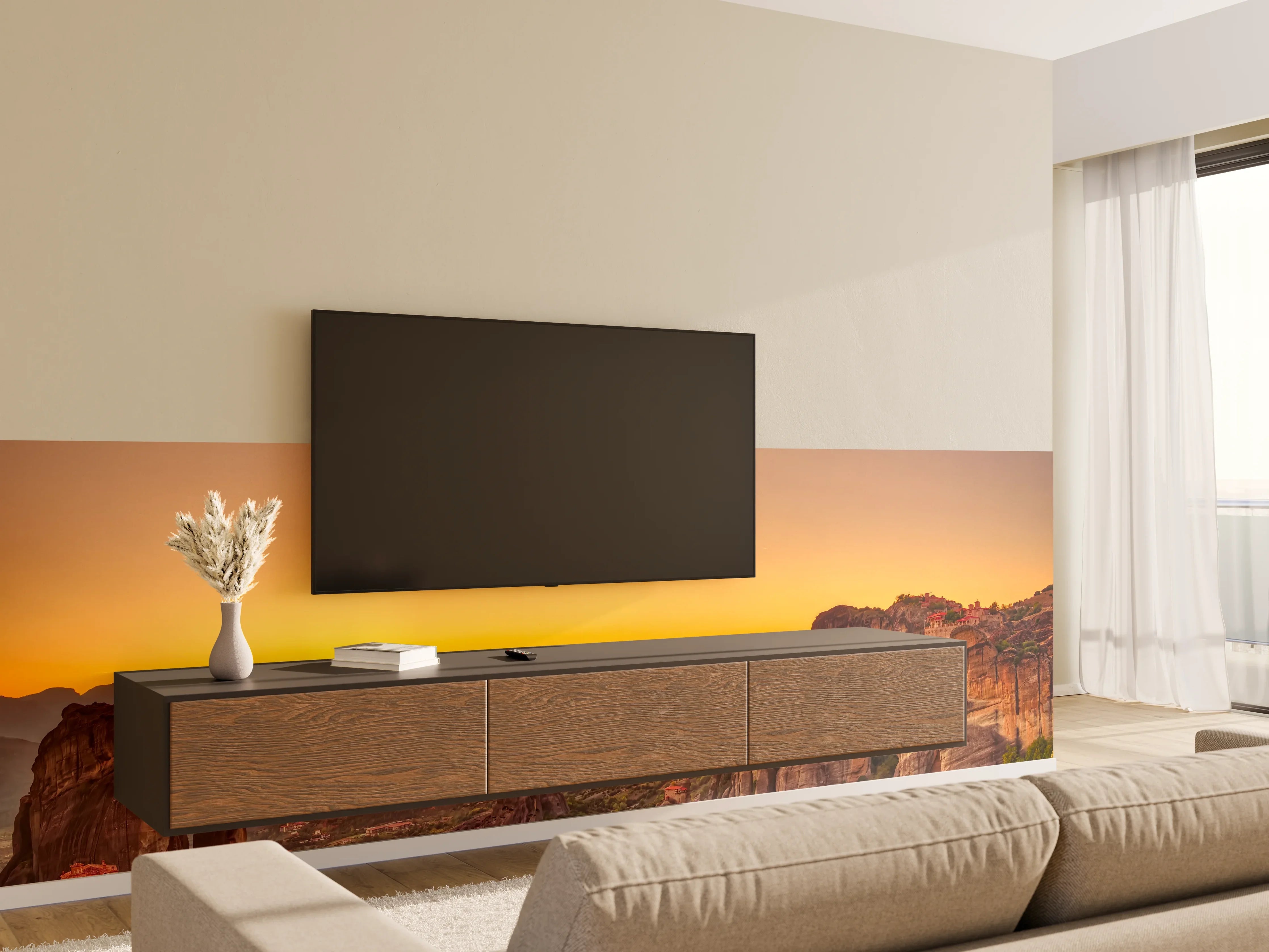 Wandverkleidung Wohnzimmer - Landschaft mit Klöstern und Felsformationen