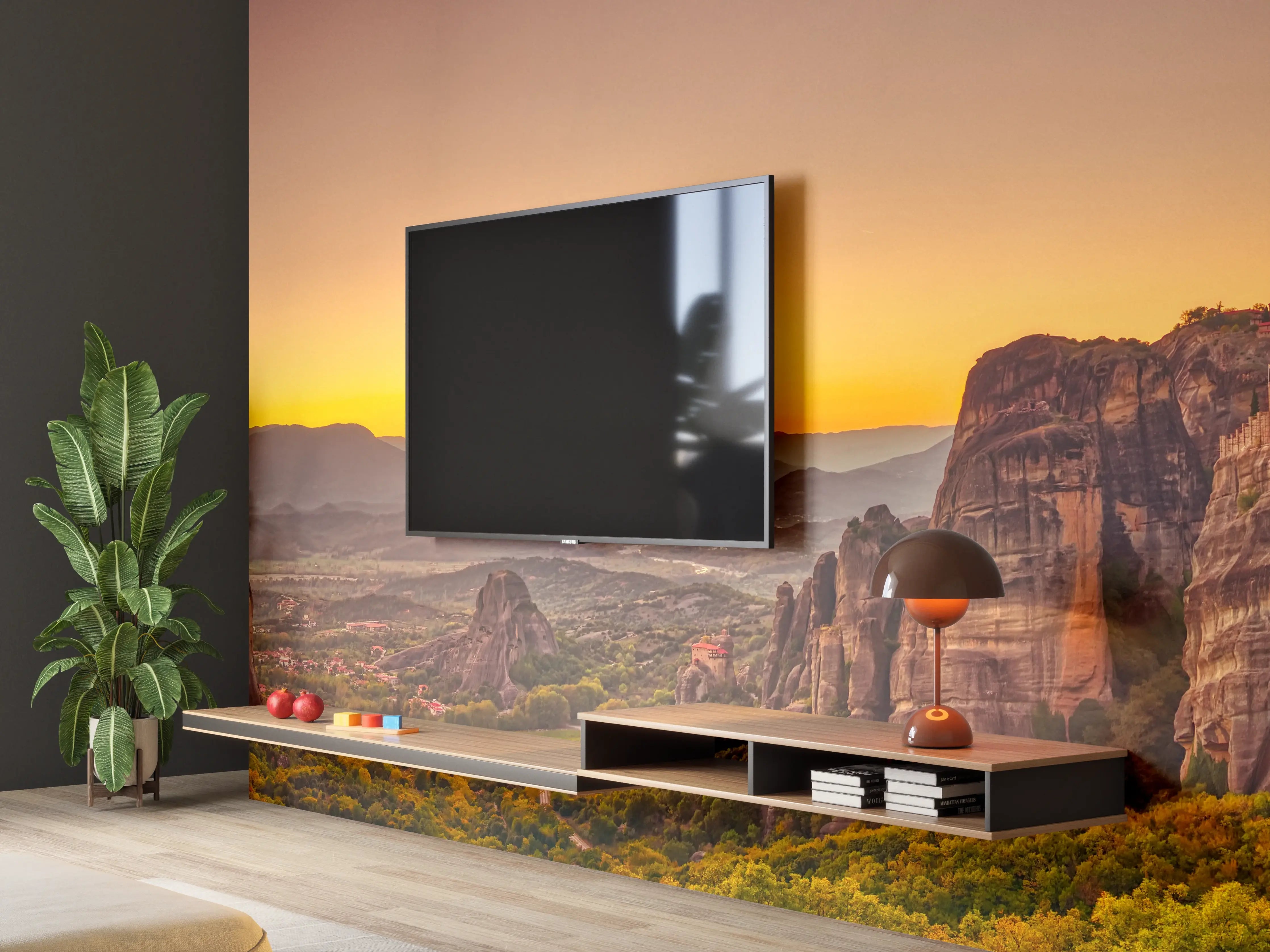 Wandverkleidung Wohnzimmer - Landschaft mit Klöstern und Felsformationen