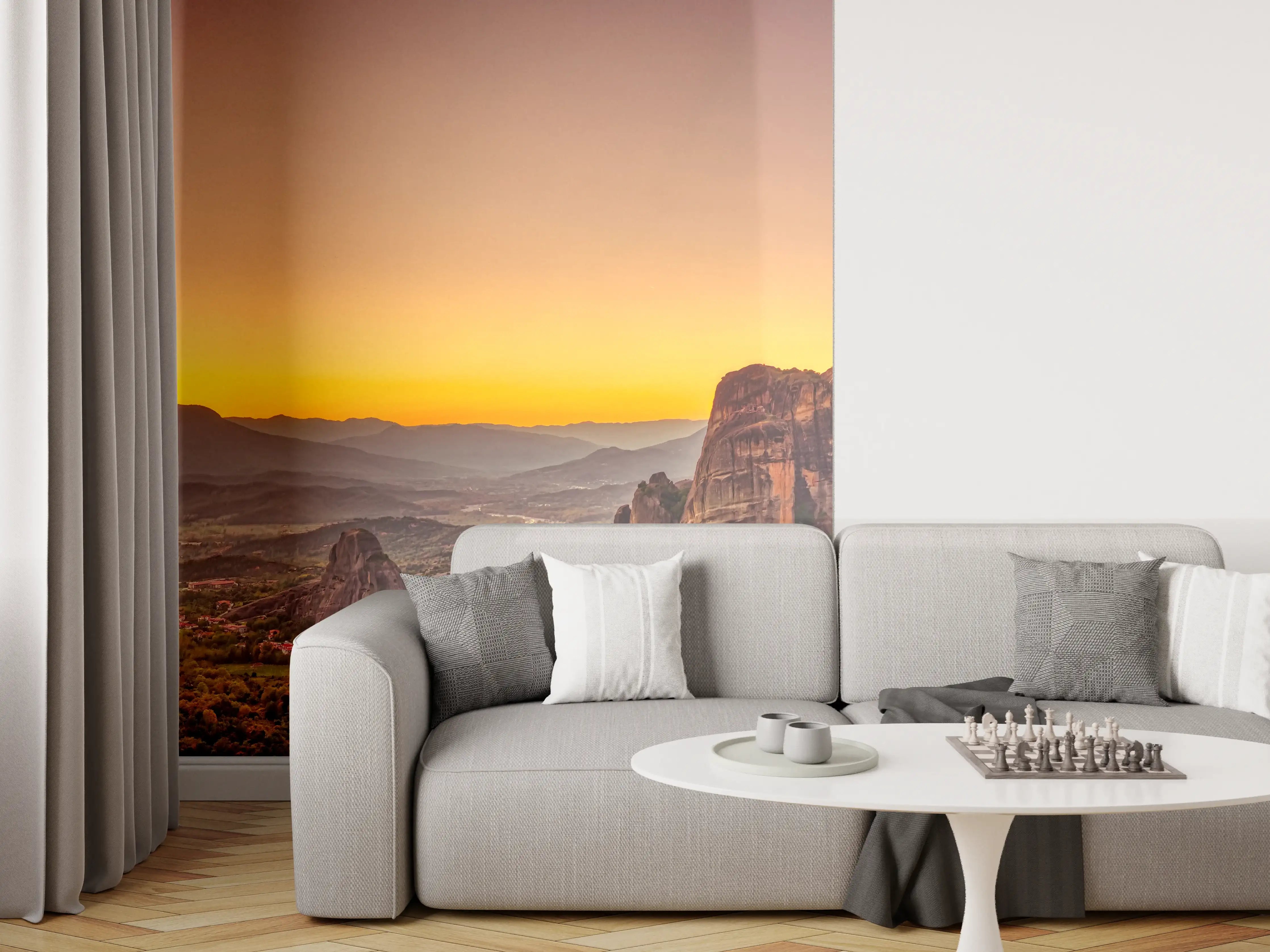 Wandverkleidung Wohnzimmer - Landschaft mit Klöstern und Felsformationen