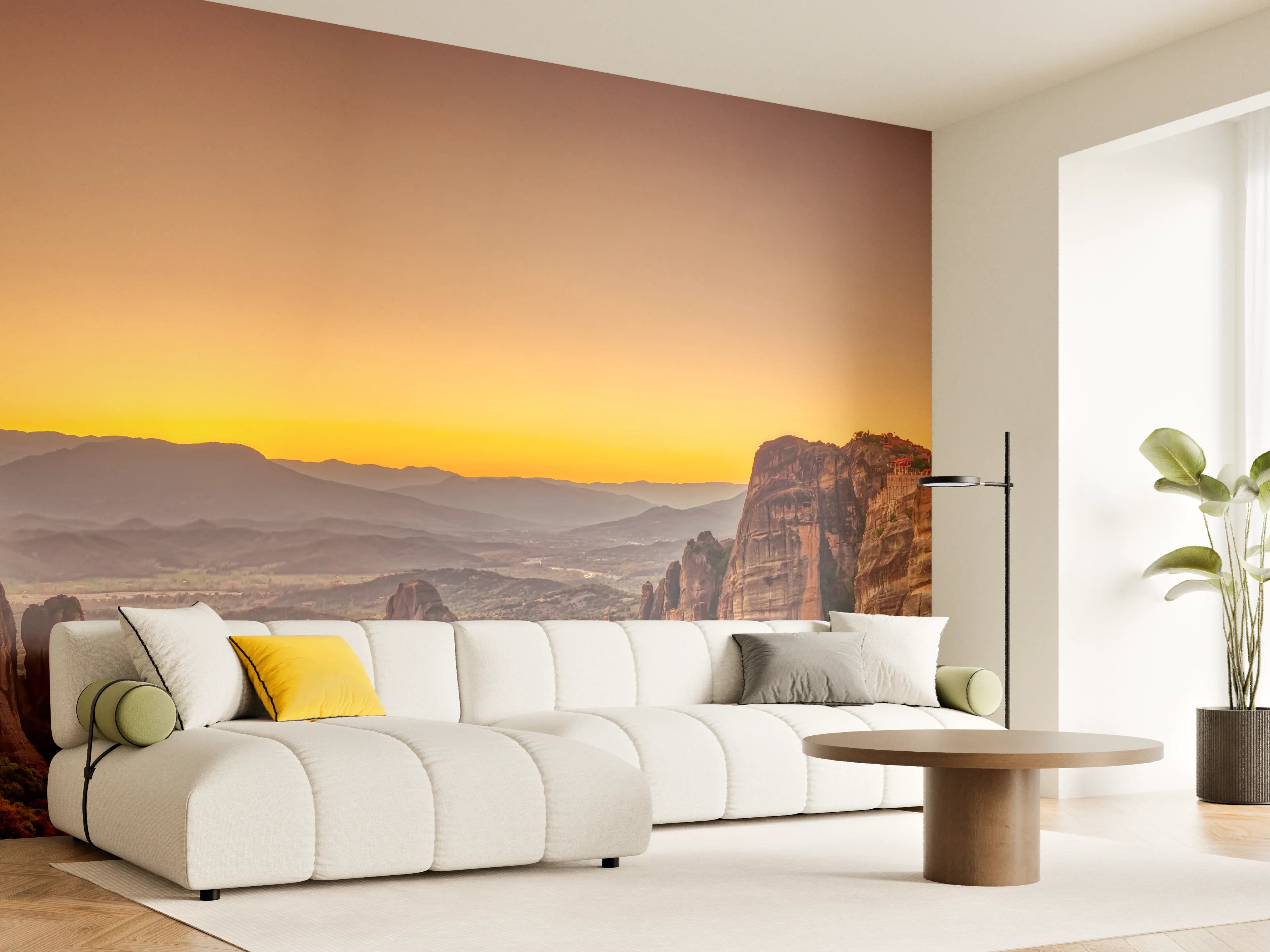 Wandverkleidung Wohnzimmer - Landschaft mit Klöstern und Felsformationen