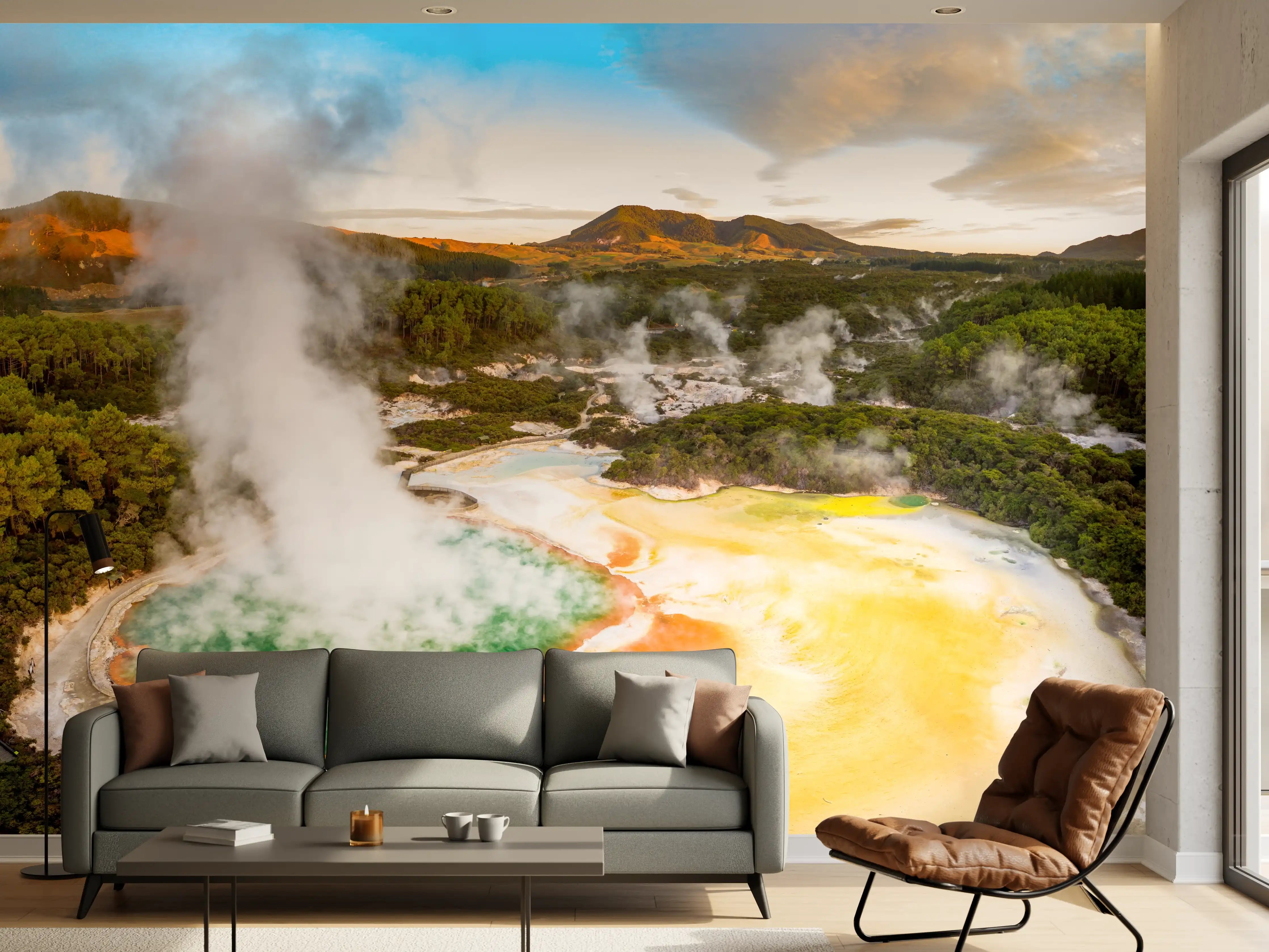 Wandverkleidung Wohnzimmer - Landschaft mit kochend heißem Schlamm