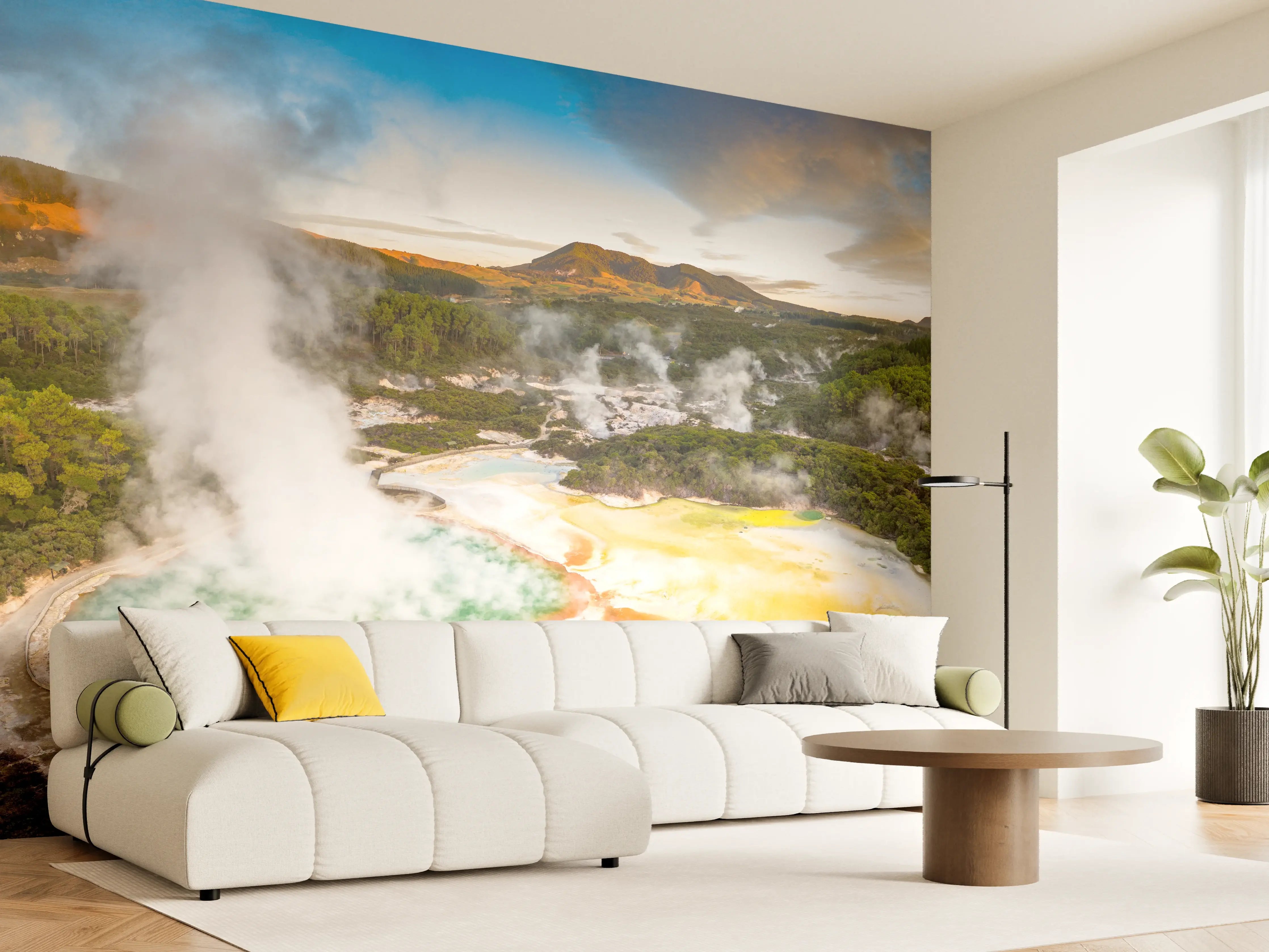 Wandverkleidung Wohnzimmer - Landschaft mit kochend heißem Schlamm