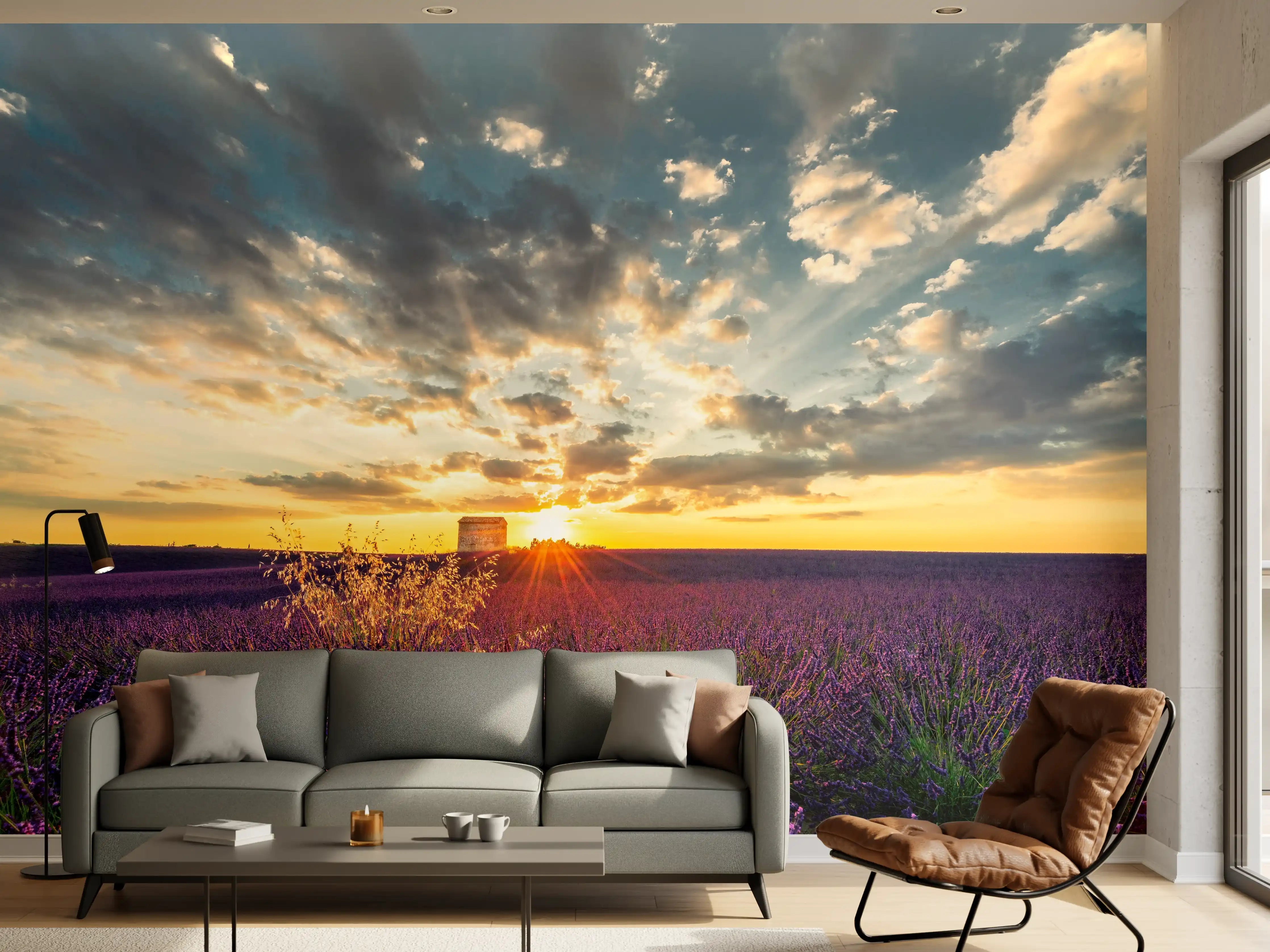 Wandverkleidung Wohnzimmer - Landschaftliches Lavendelfeld bei Sonnenuntergang