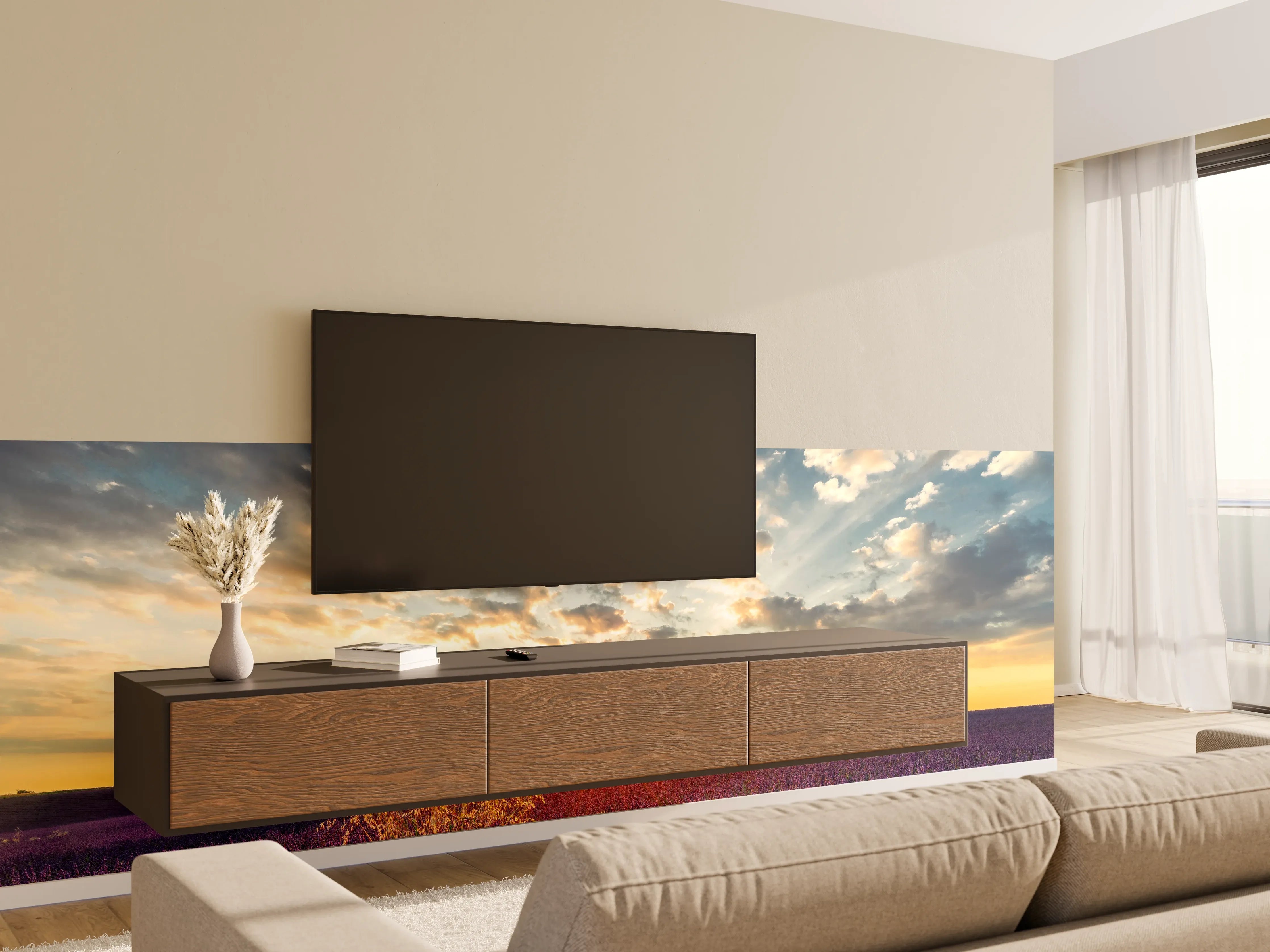 Wandverkleidung Wohnzimmer - Landschaftliches Lavendelfeld bei Sonnenuntergang
