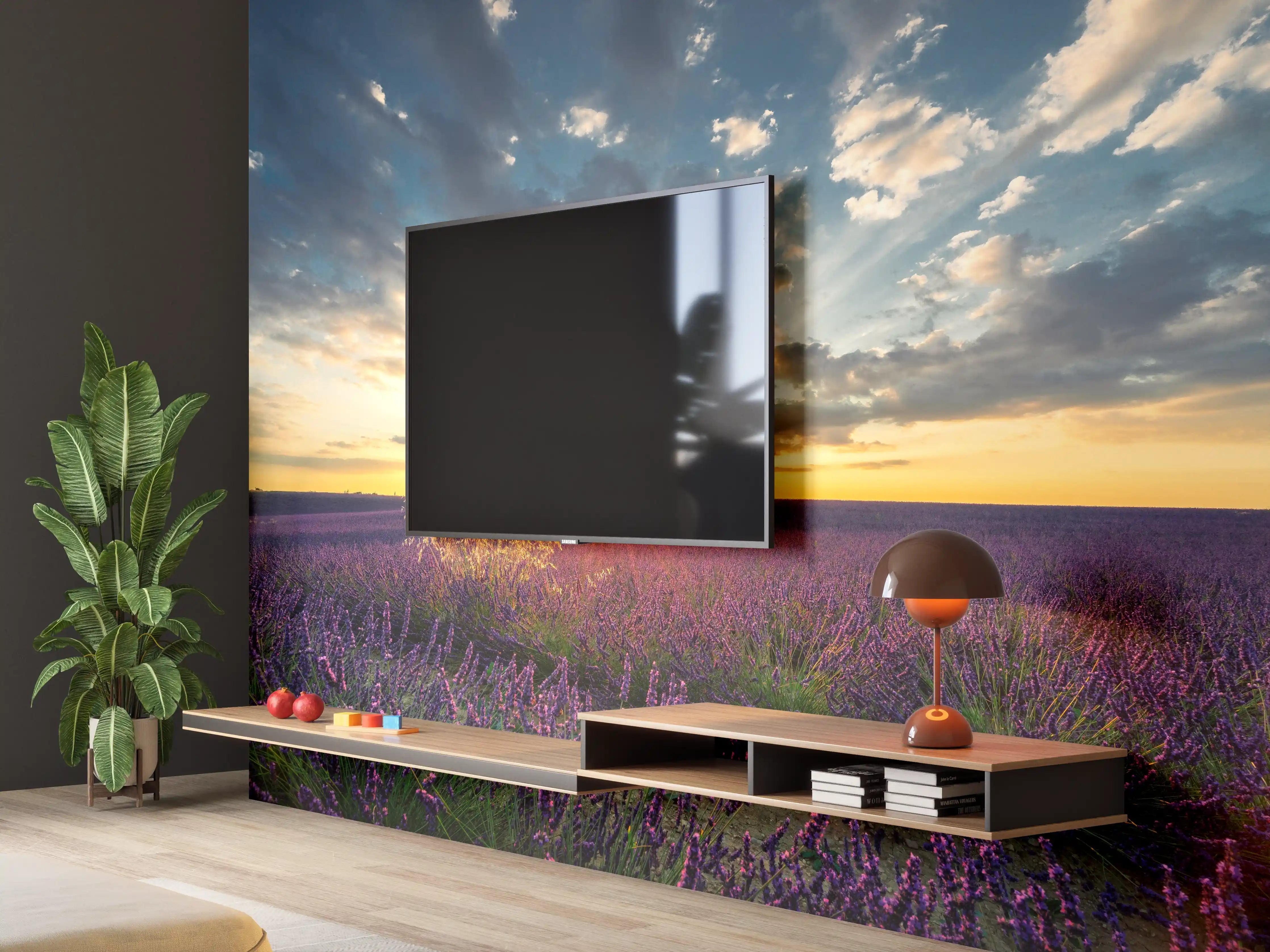 Wandverkleidung Wohnzimmer - Landschaftliches Lavendelfeld bei Sonnenuntergang