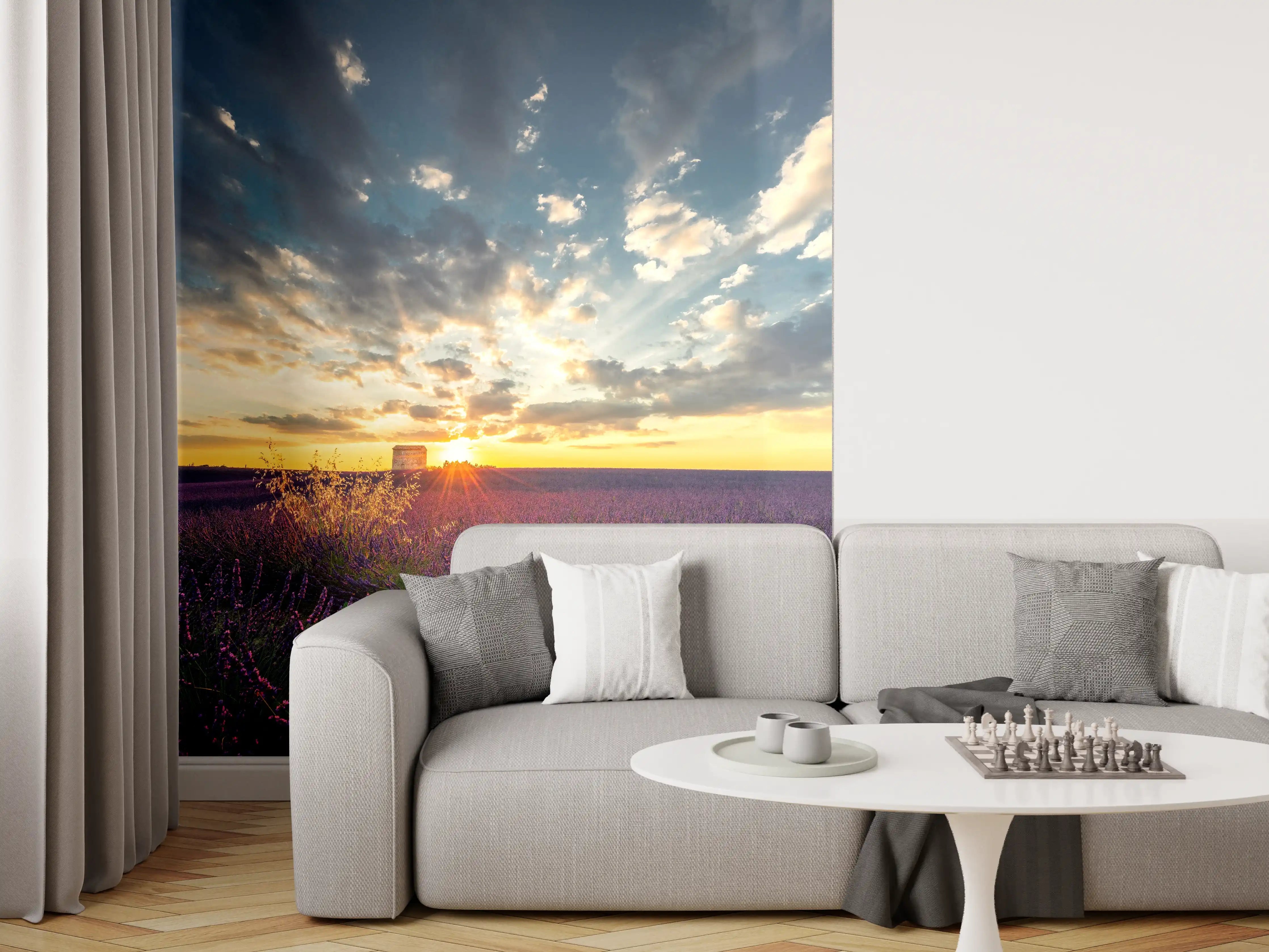 Wandverkleidung Wohnzimmer - Landschaftliches Lavendelfeld bei Sonnenuntergang