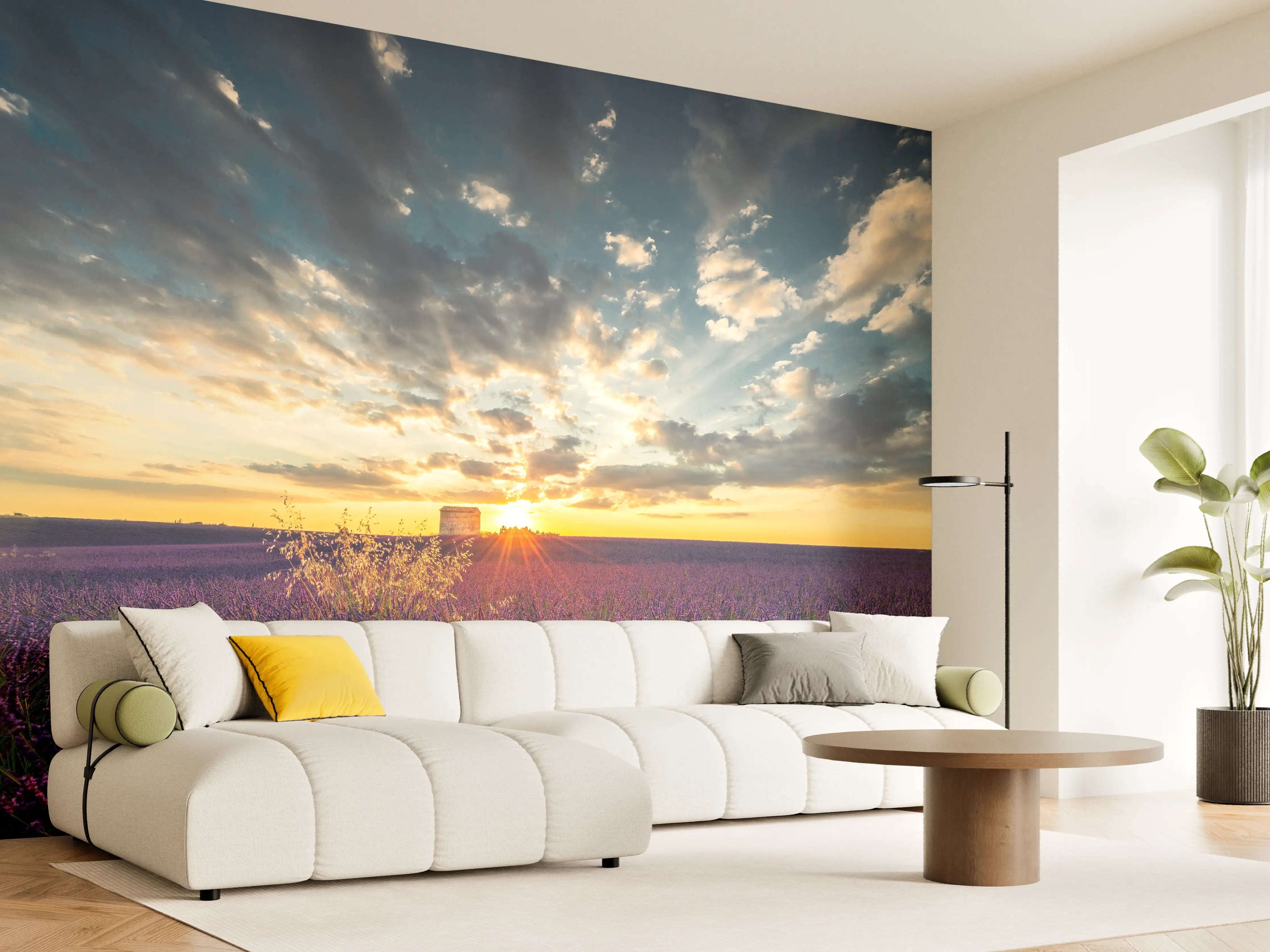 Wandverkleidung Wohnzimmer - Landschaftliches Lavendelfeld bei Sonnenuntergang
