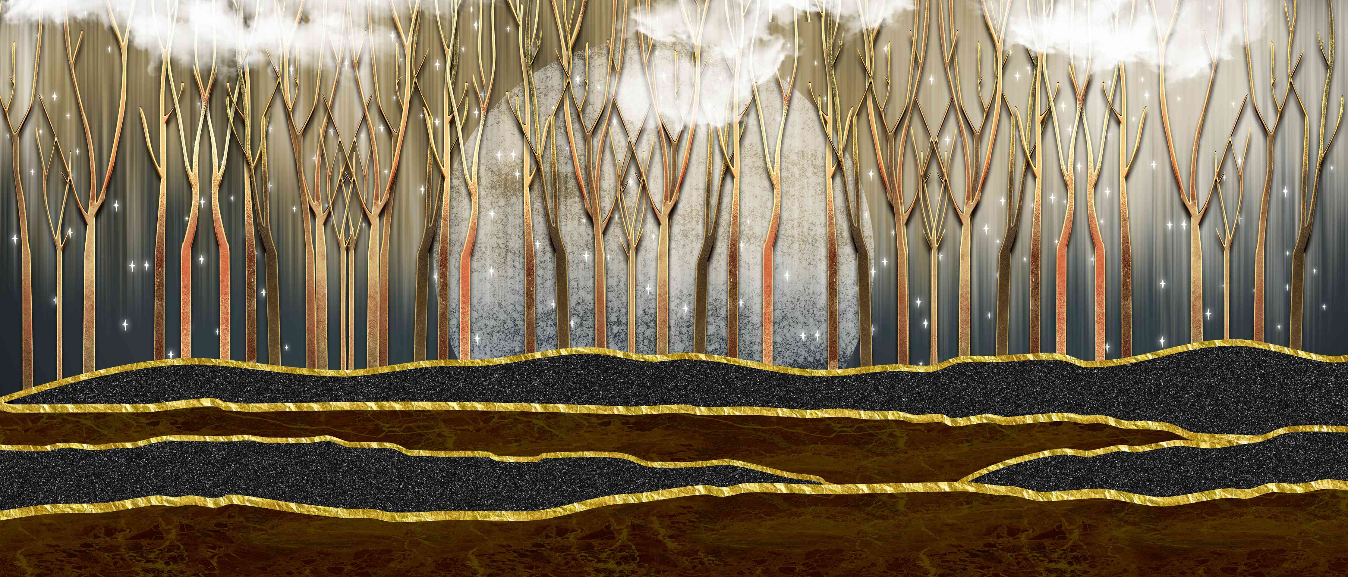 Wandverkleidung Wohnzimmer-Landschafts Kunst- goldene Bäume