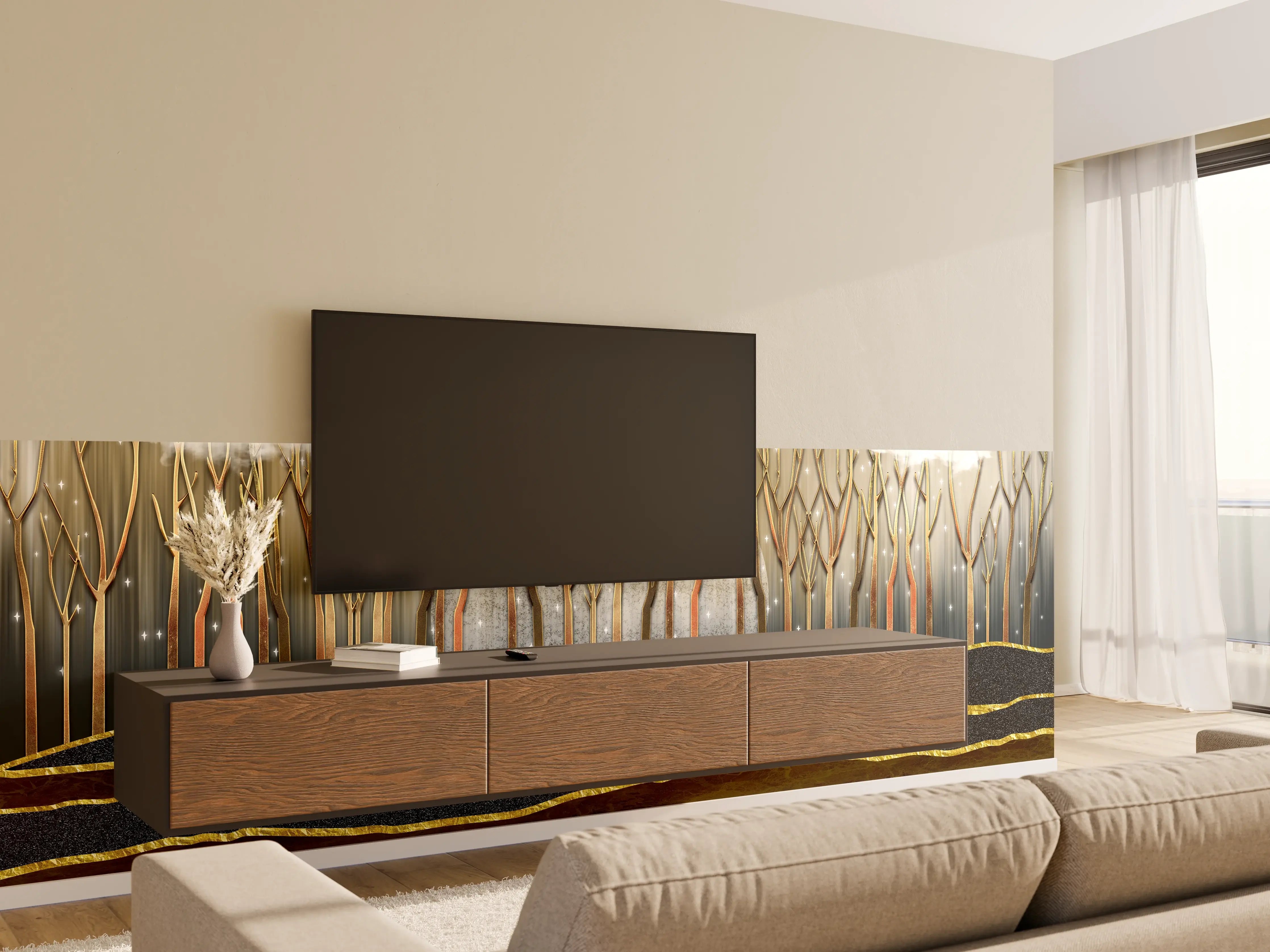 Wandverkleidung Wohnzimmer - Landschafts Kunst- goldene Bäume