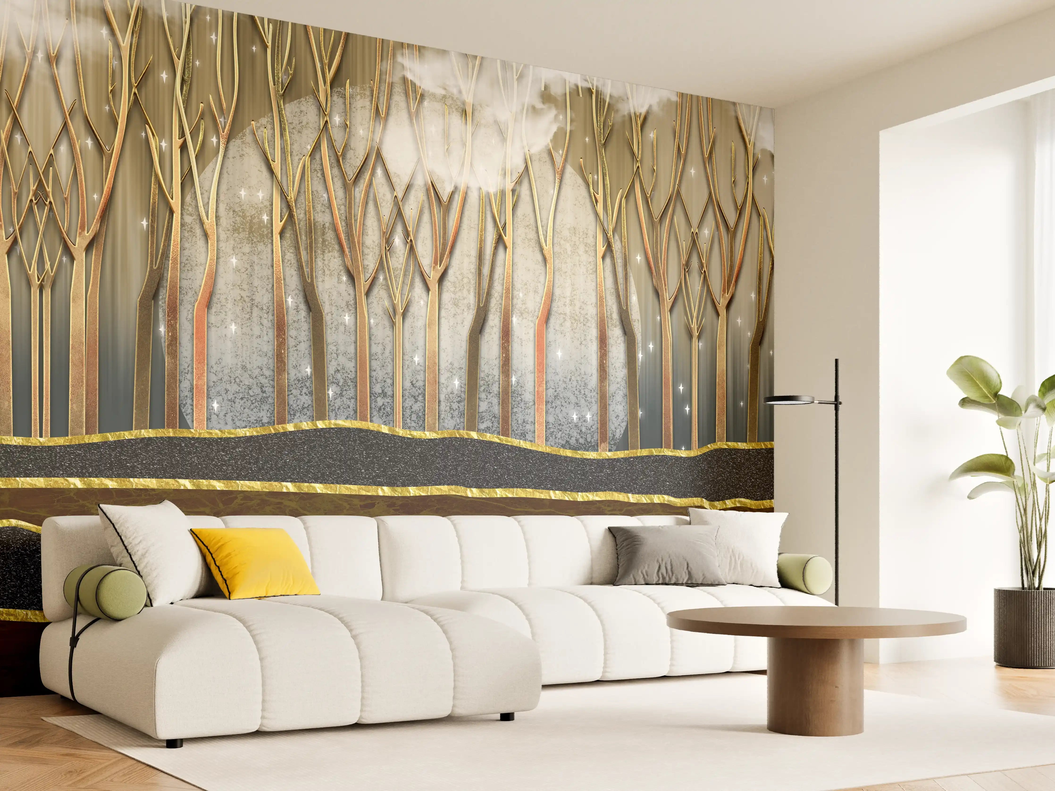 Wandverkleidung Wohnzimmer - Landschafts Kunst- goldene Bäume