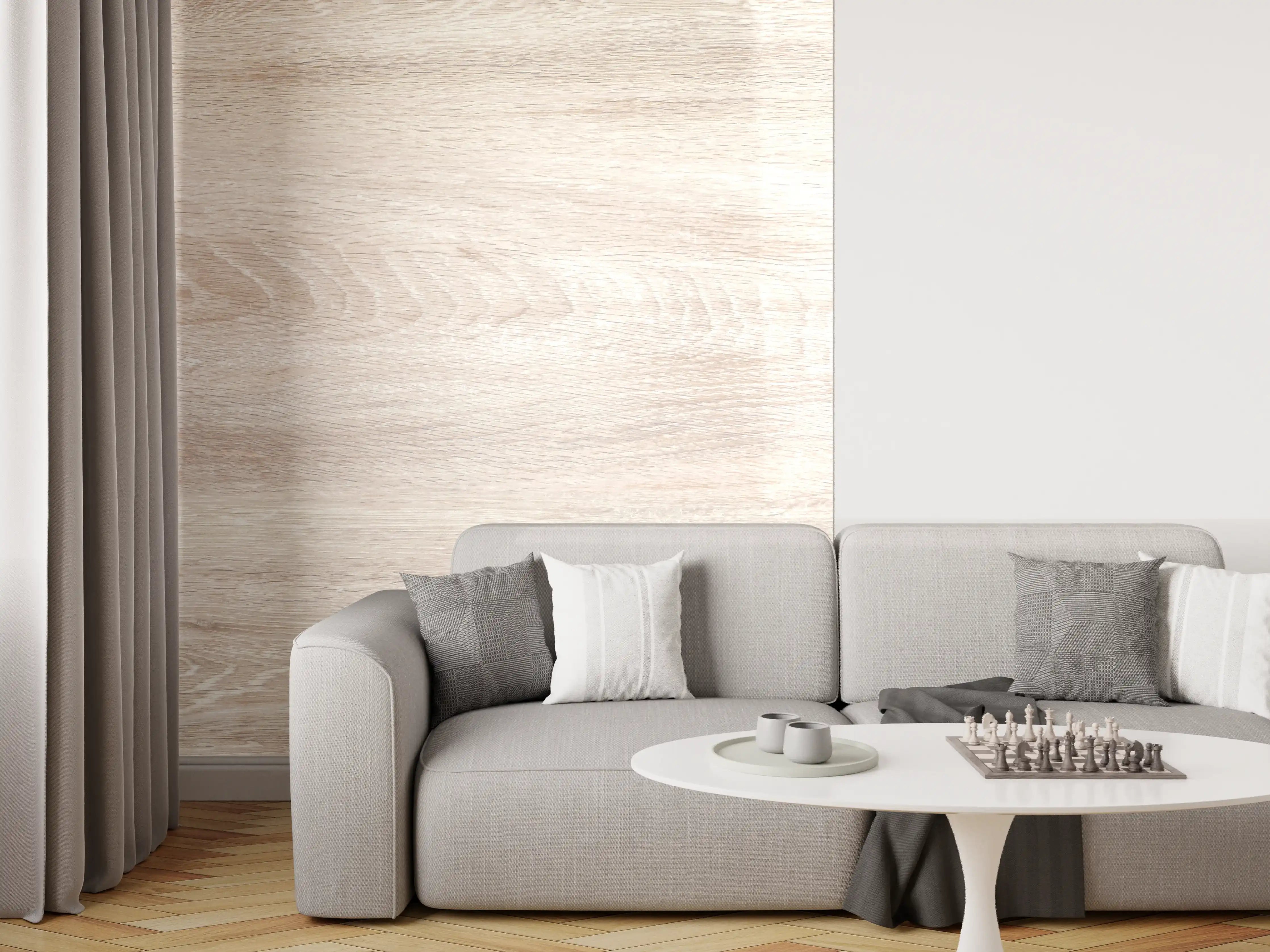 Wandverkleidung Wohnzimmer - Lange beige Holzplatte