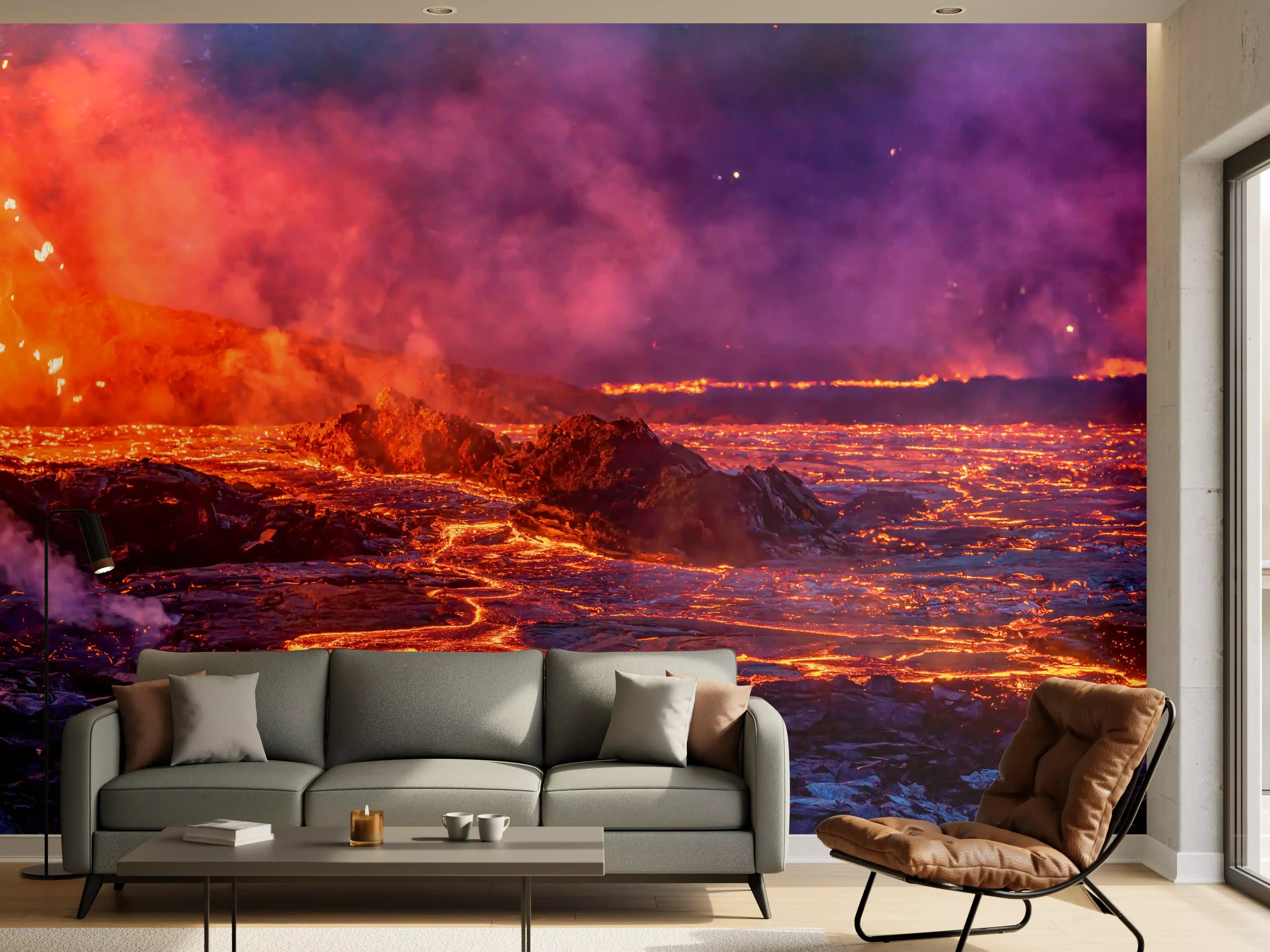 Wandverkleidung Wohnzimmer - Lavastrom aus dem ausbrechenden Vulkankrater