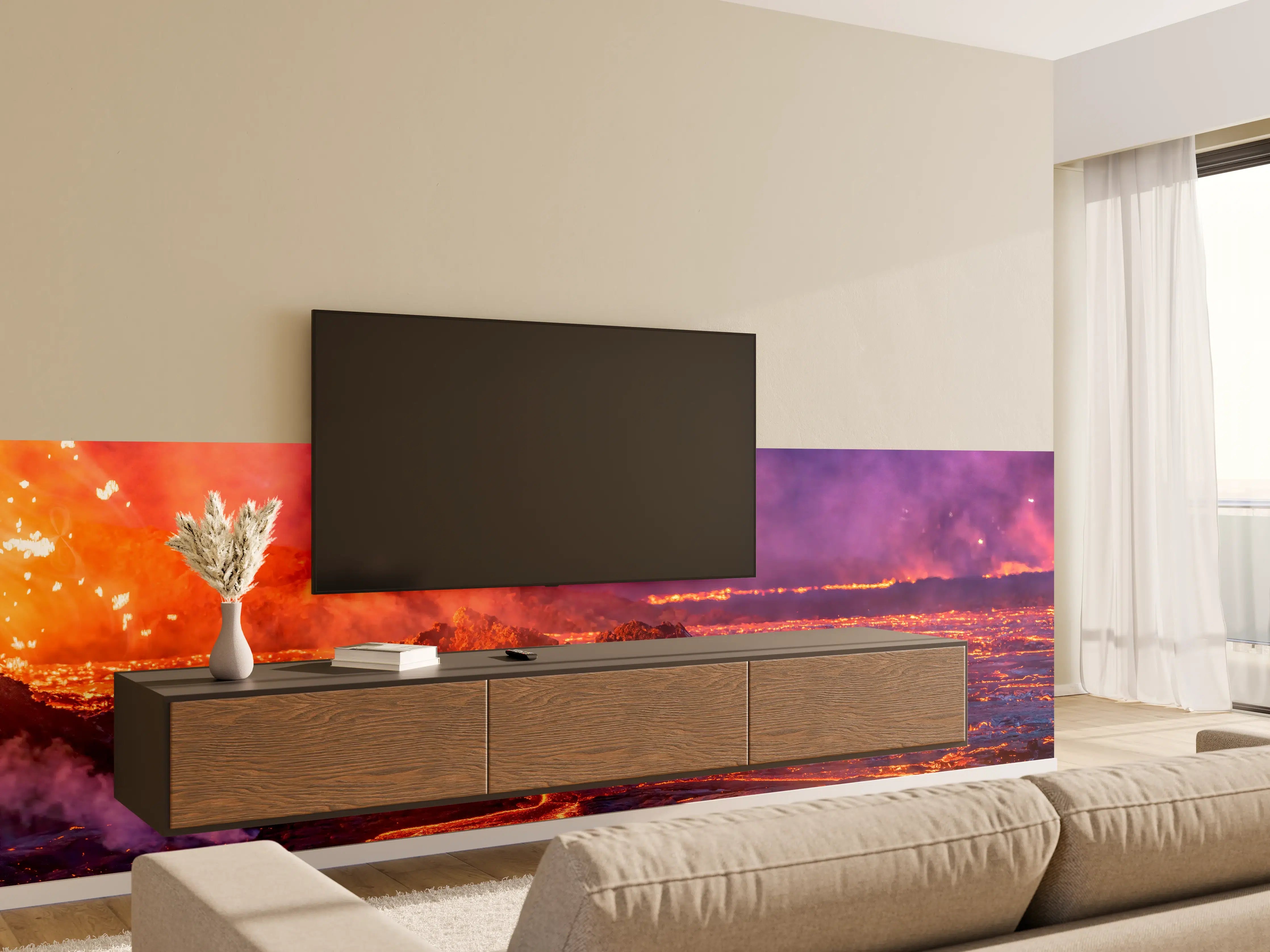 Wandverkleidung Wohnzimmer - Lavastrom aus dem ausbrechenden Vulkankrater