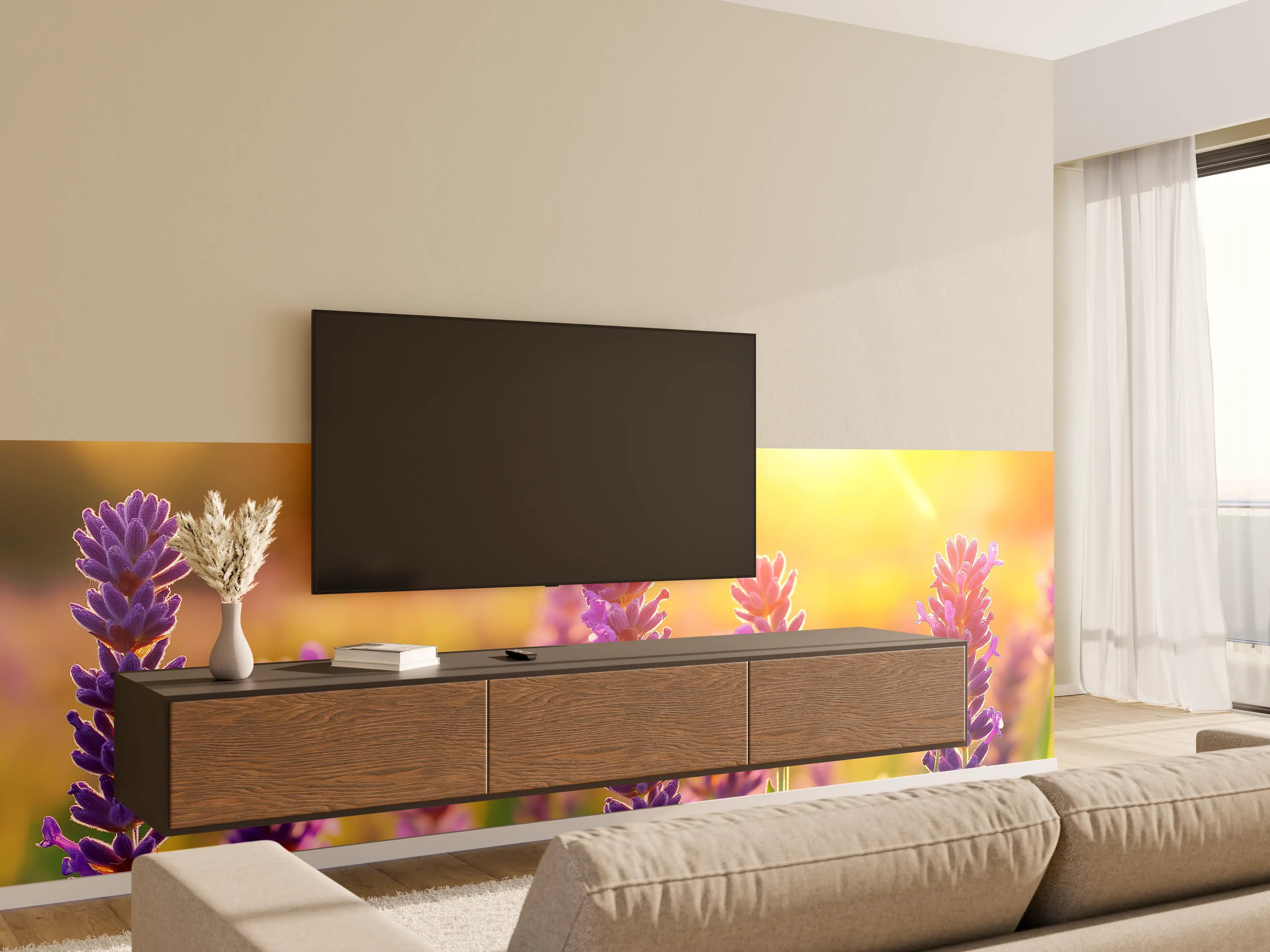 Wandverkleidung Wohnzimmer - Lavendel in goldenem Abendlicht