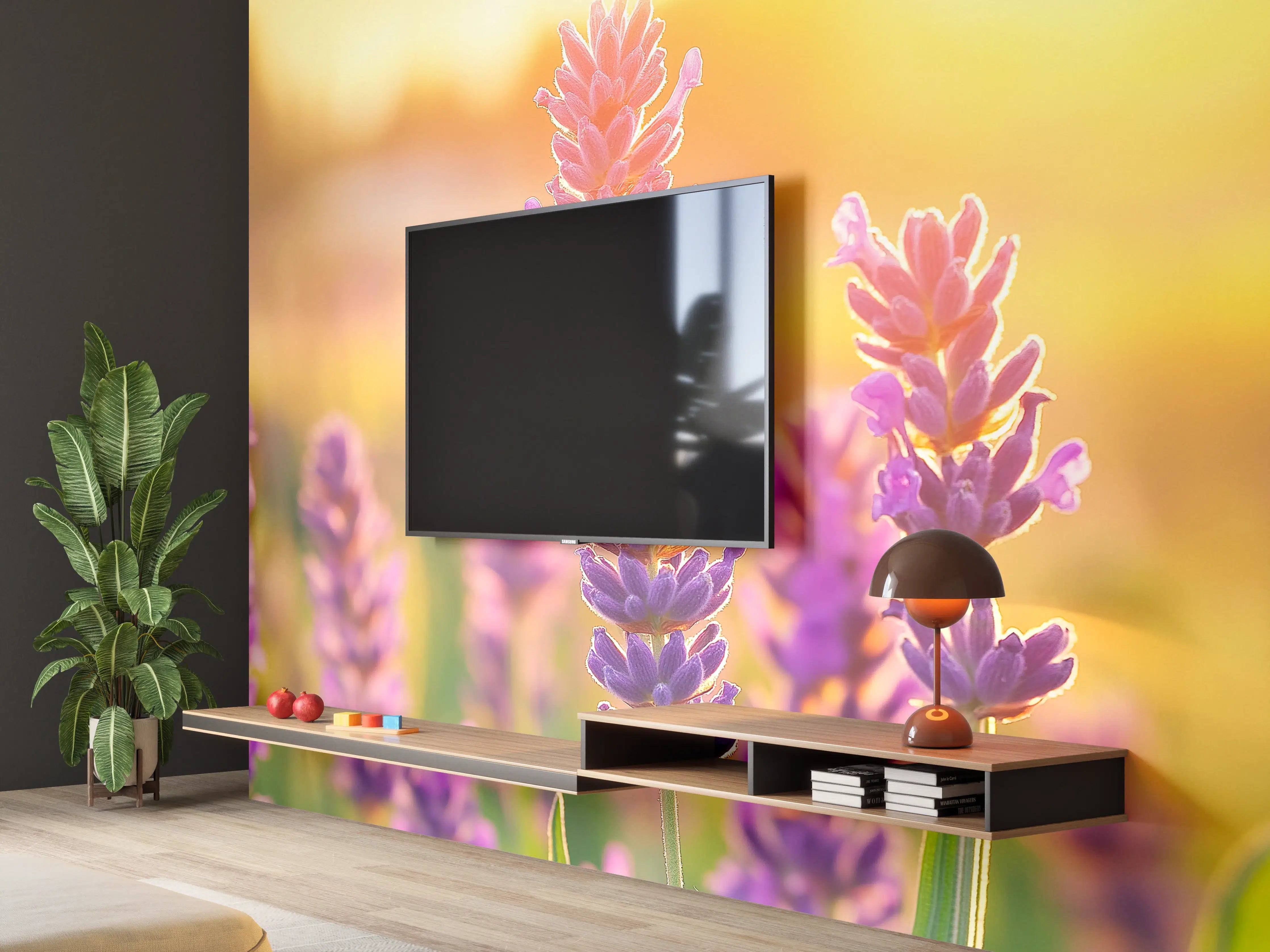 Wandverkleidung Wohnzimmer - Lavendel in goldenem Abendlicht
