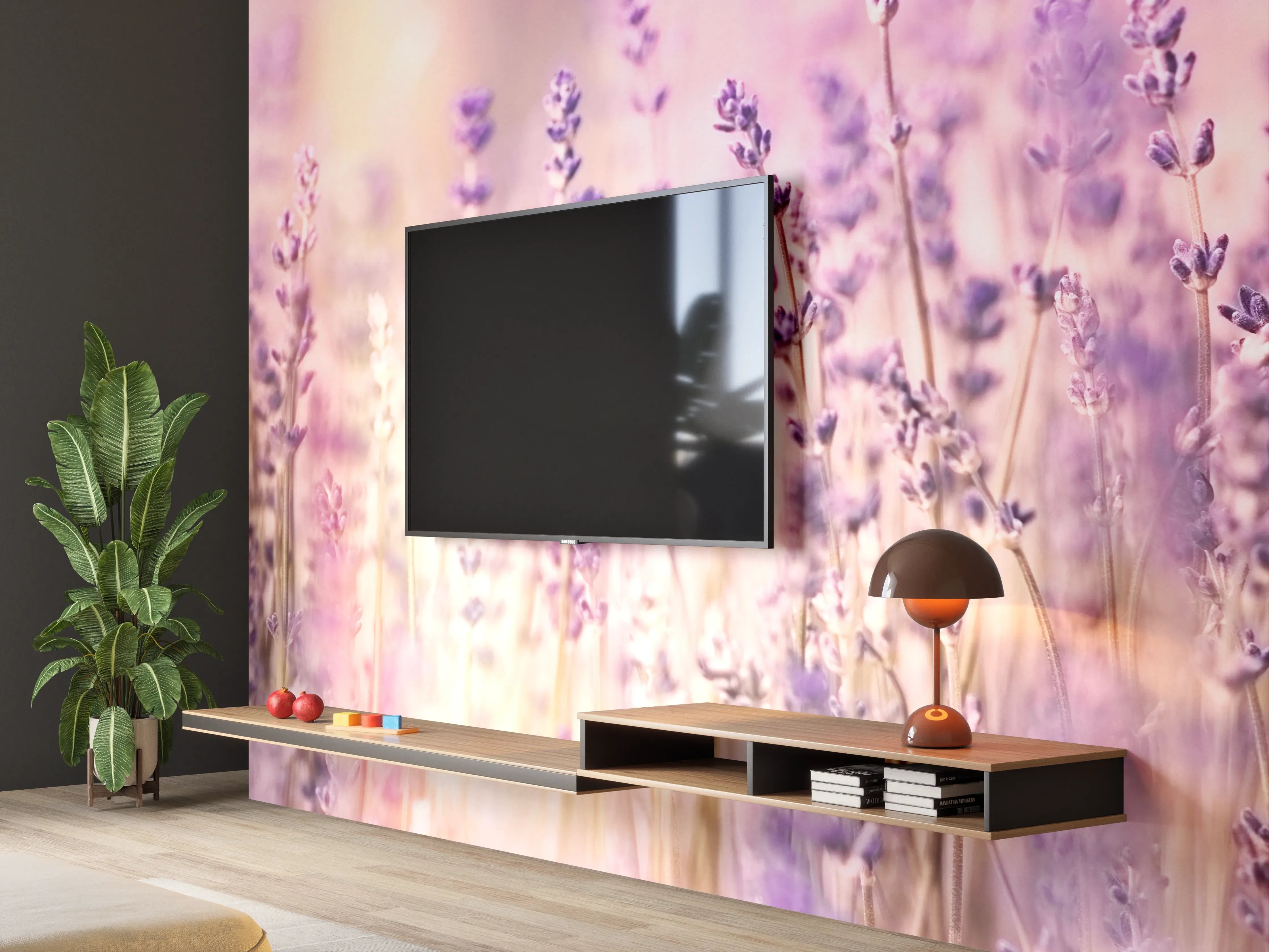 Wandverkleidung Wohnzimmer - Lavendelfeld Pastell Lila Rosa