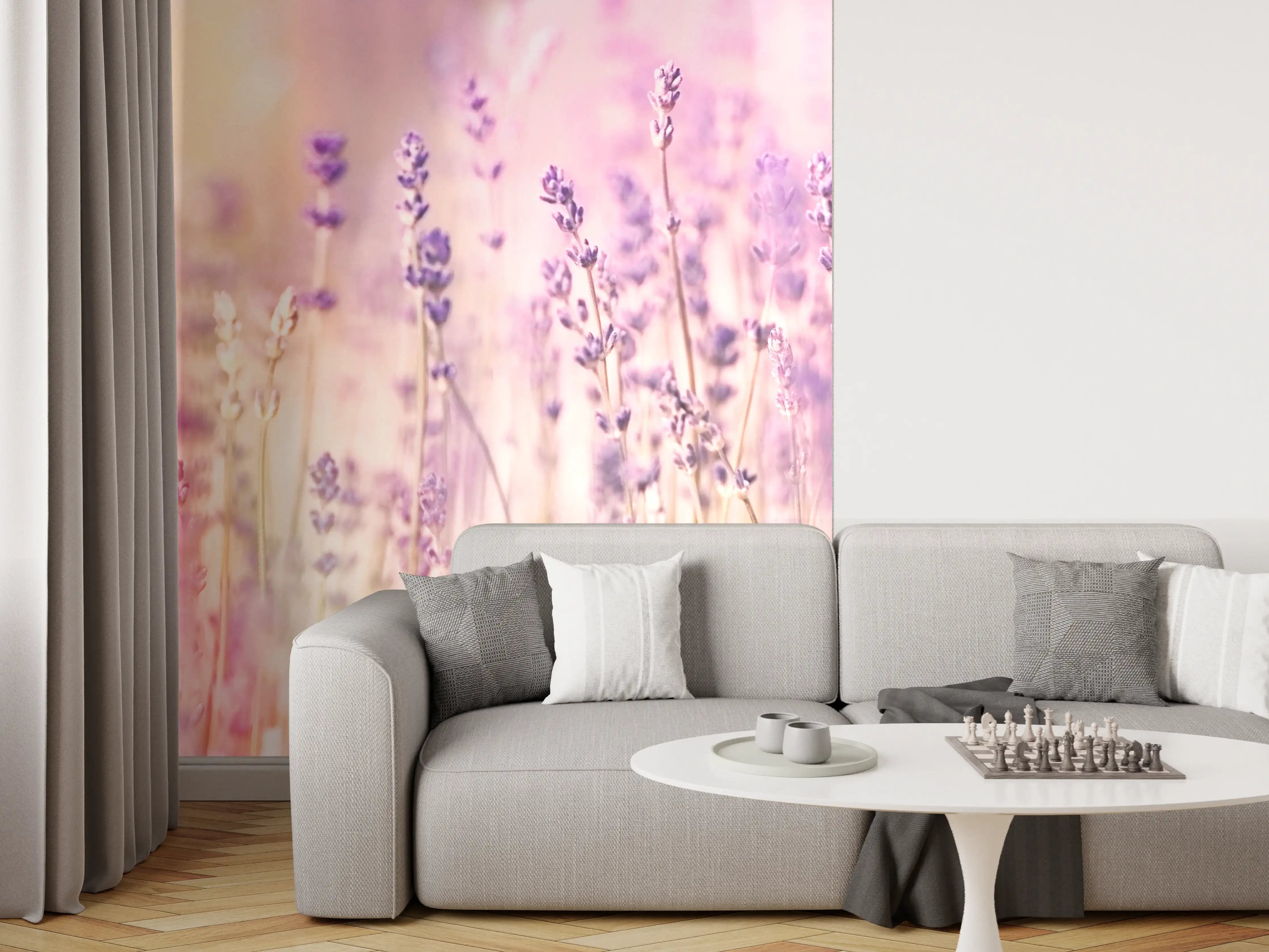 Wandverkleidung Wohnzimmer - Lavendelfeld Pastell Lila Rosa