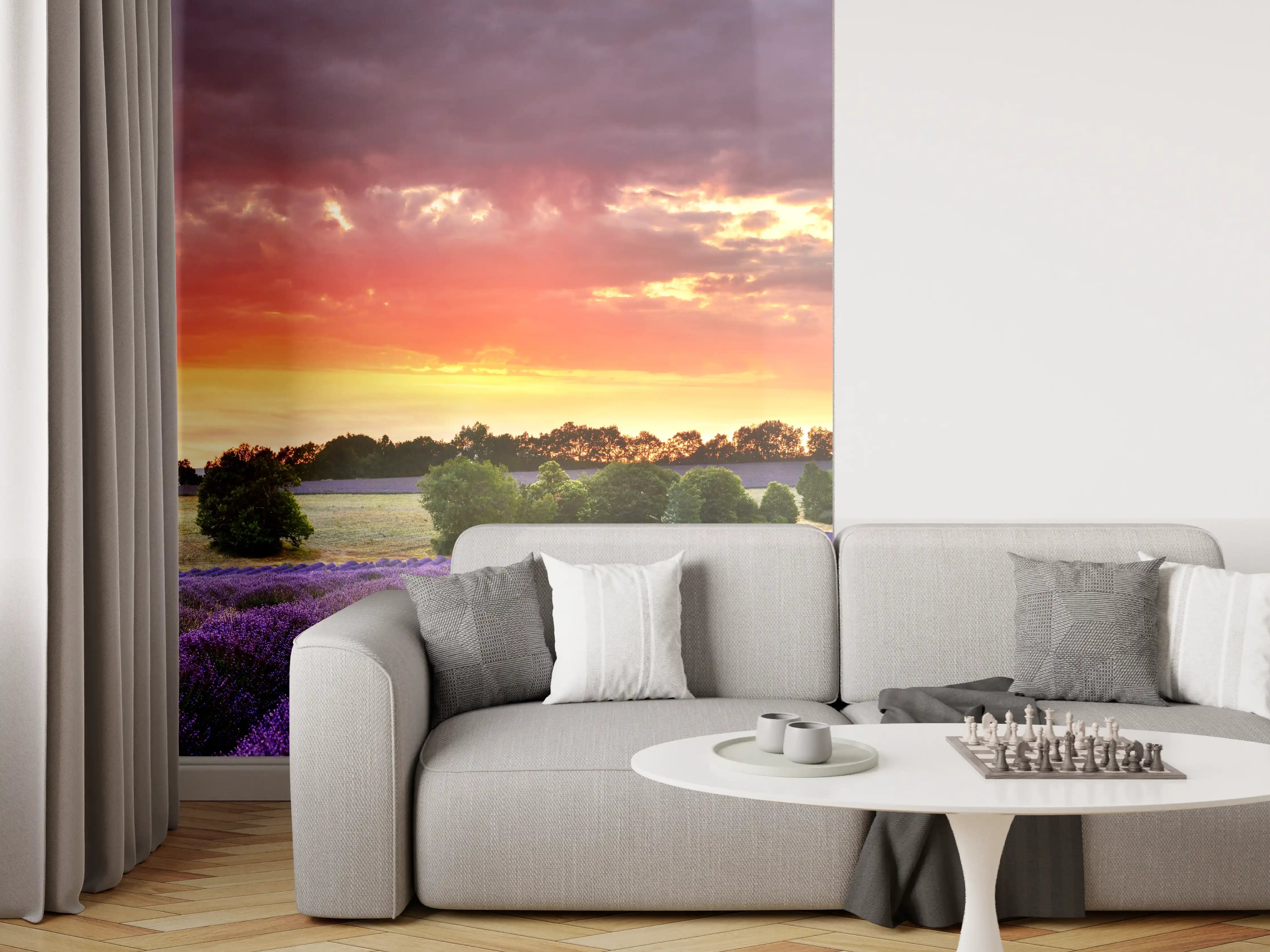 Wandverkleidung Wohnzimmer - Lavendelfeld bei Sonnenuntergang