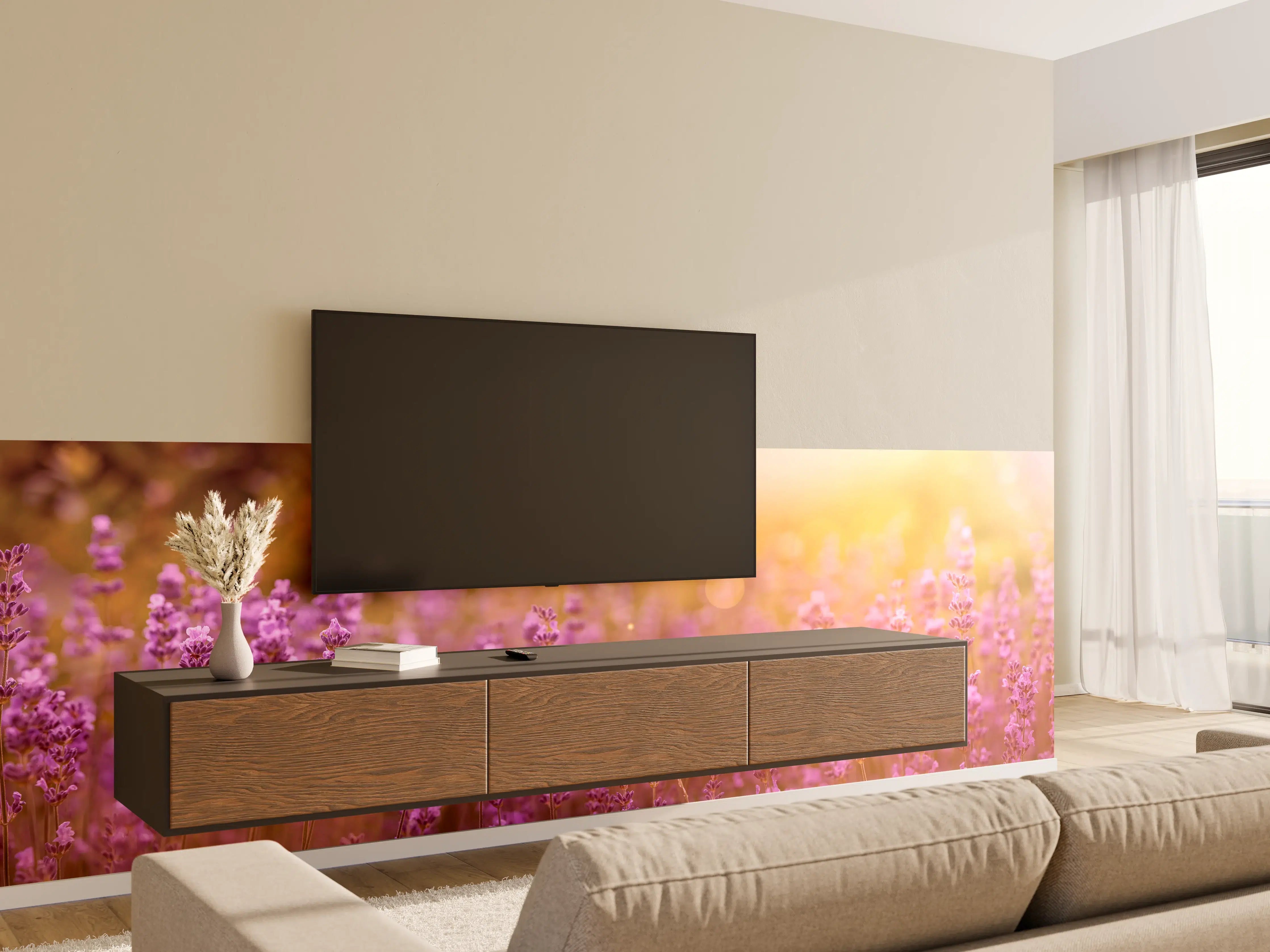 Wandverkleidung Wohnzimmer - Lavendelfeld im warmen Abendlicht