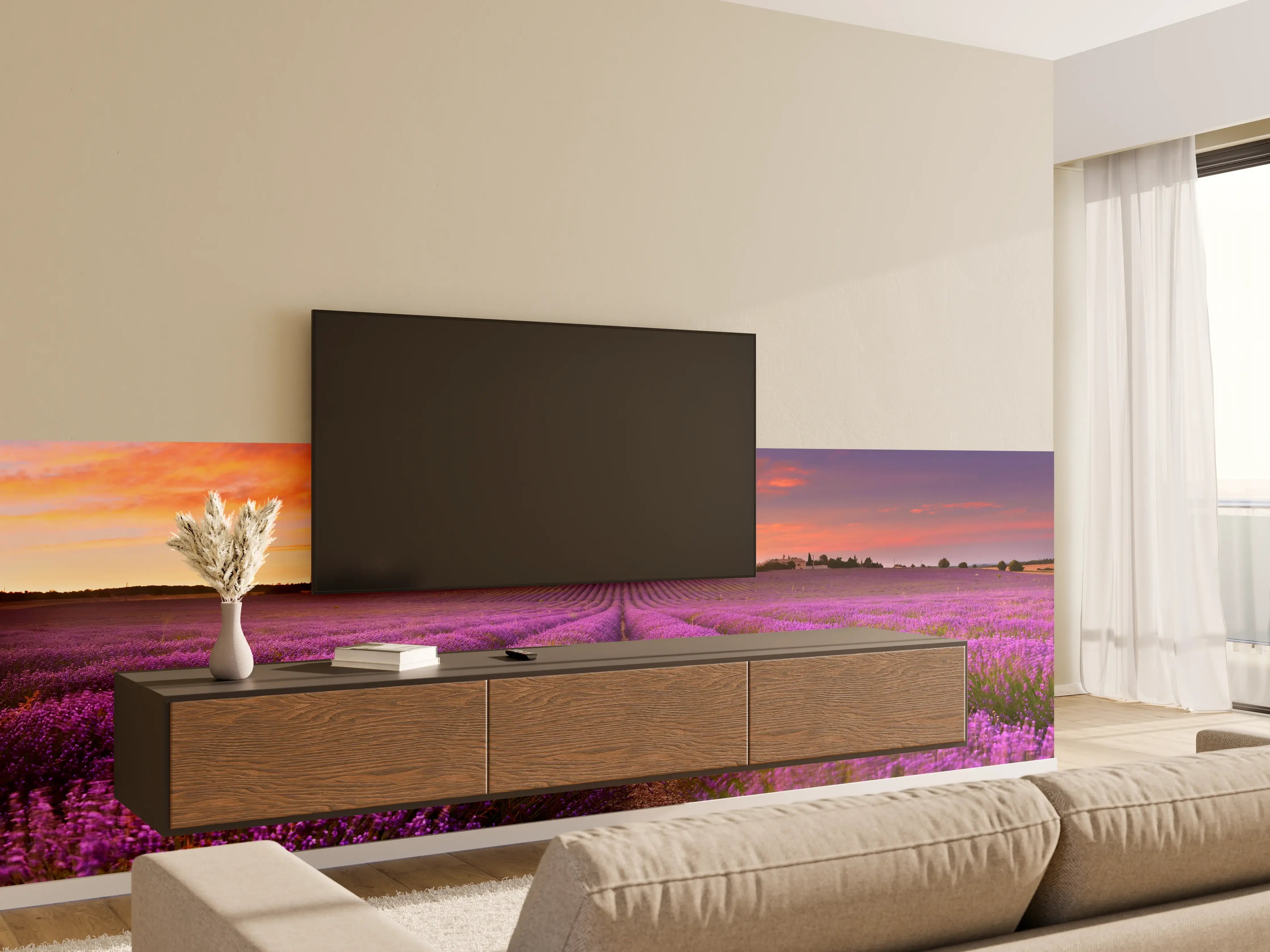 Wandverkleidung Wohnzimmer - Lavendelfeld in der Morgendämmerung