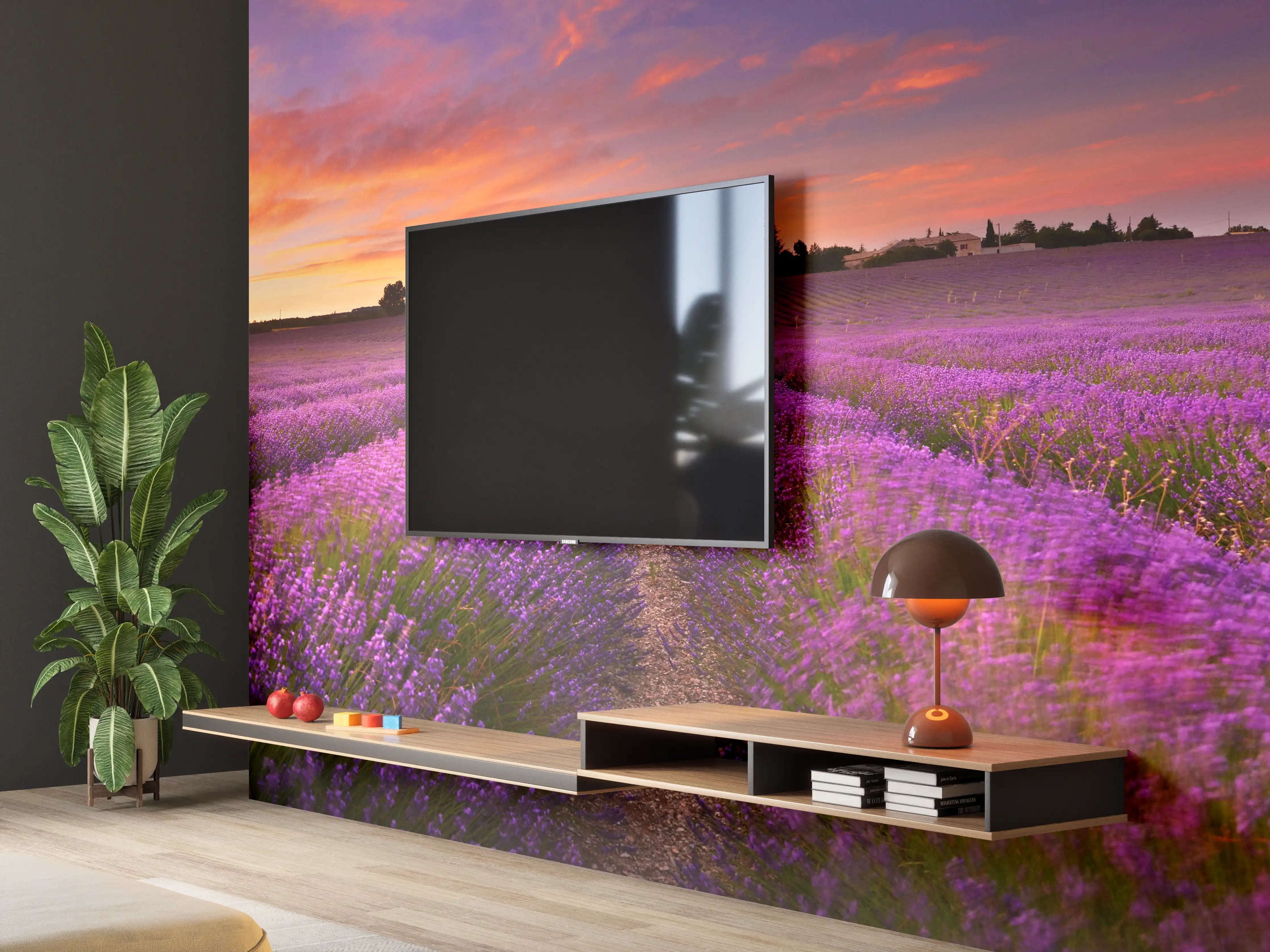 Wandverkleidung Wohnzimmer - Lavendelfeld in der Morgendämmerung