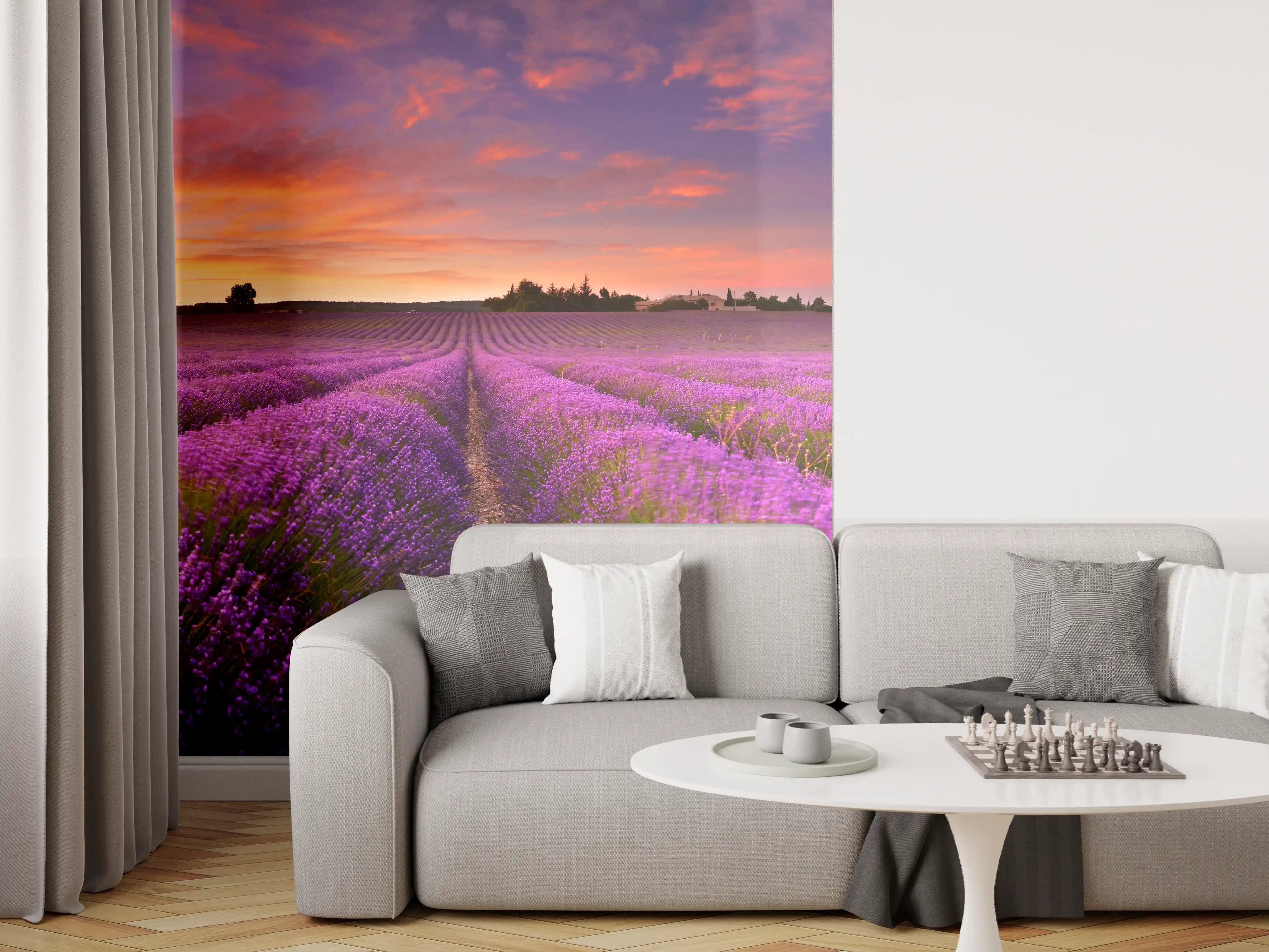 Wandverkleidung Wohnzimmer - Lavendelfeld in der Morgendämmerung