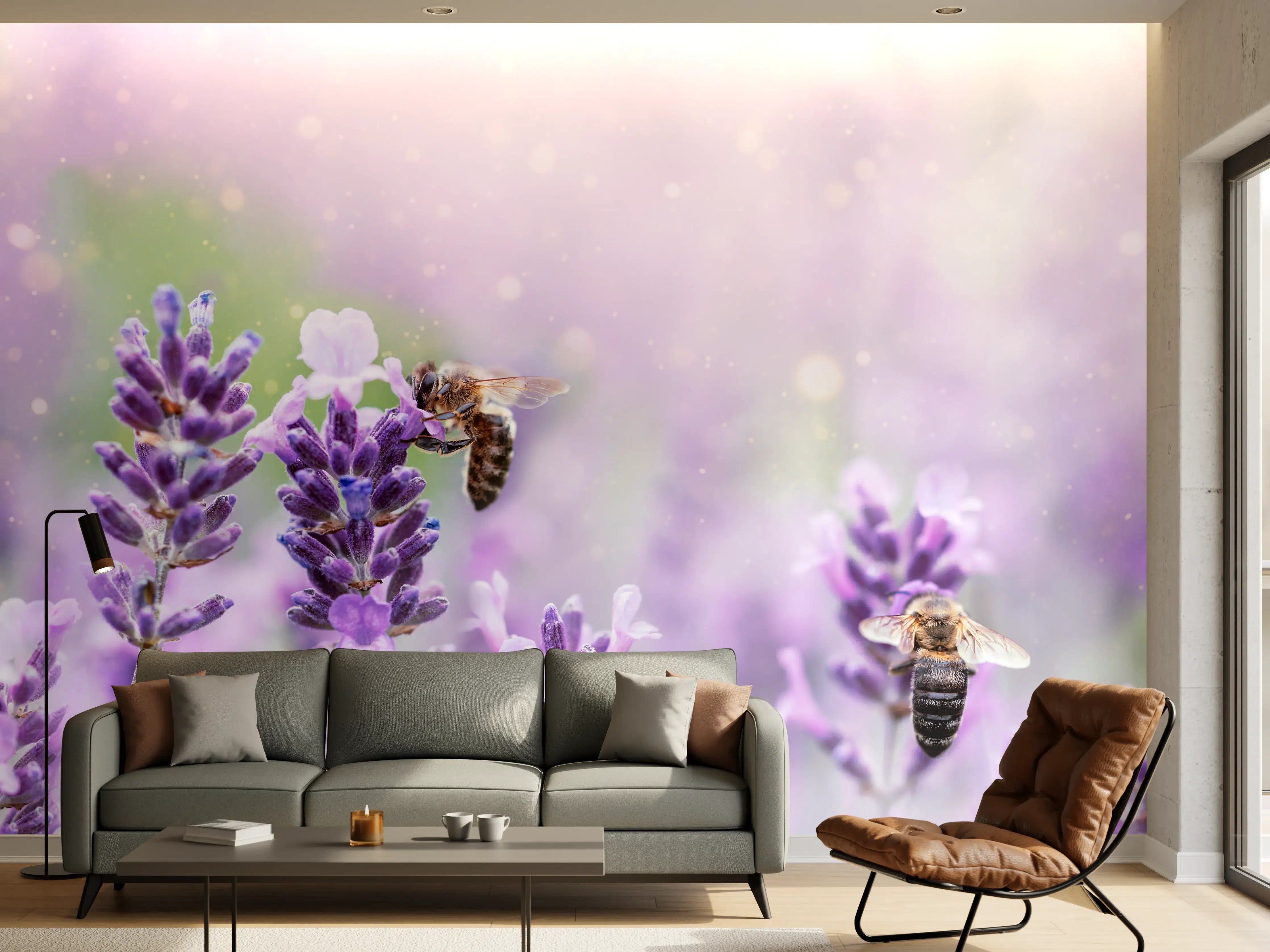 Wandverkleidung Wohnzimmer - Lavendelfeld mit Bienen