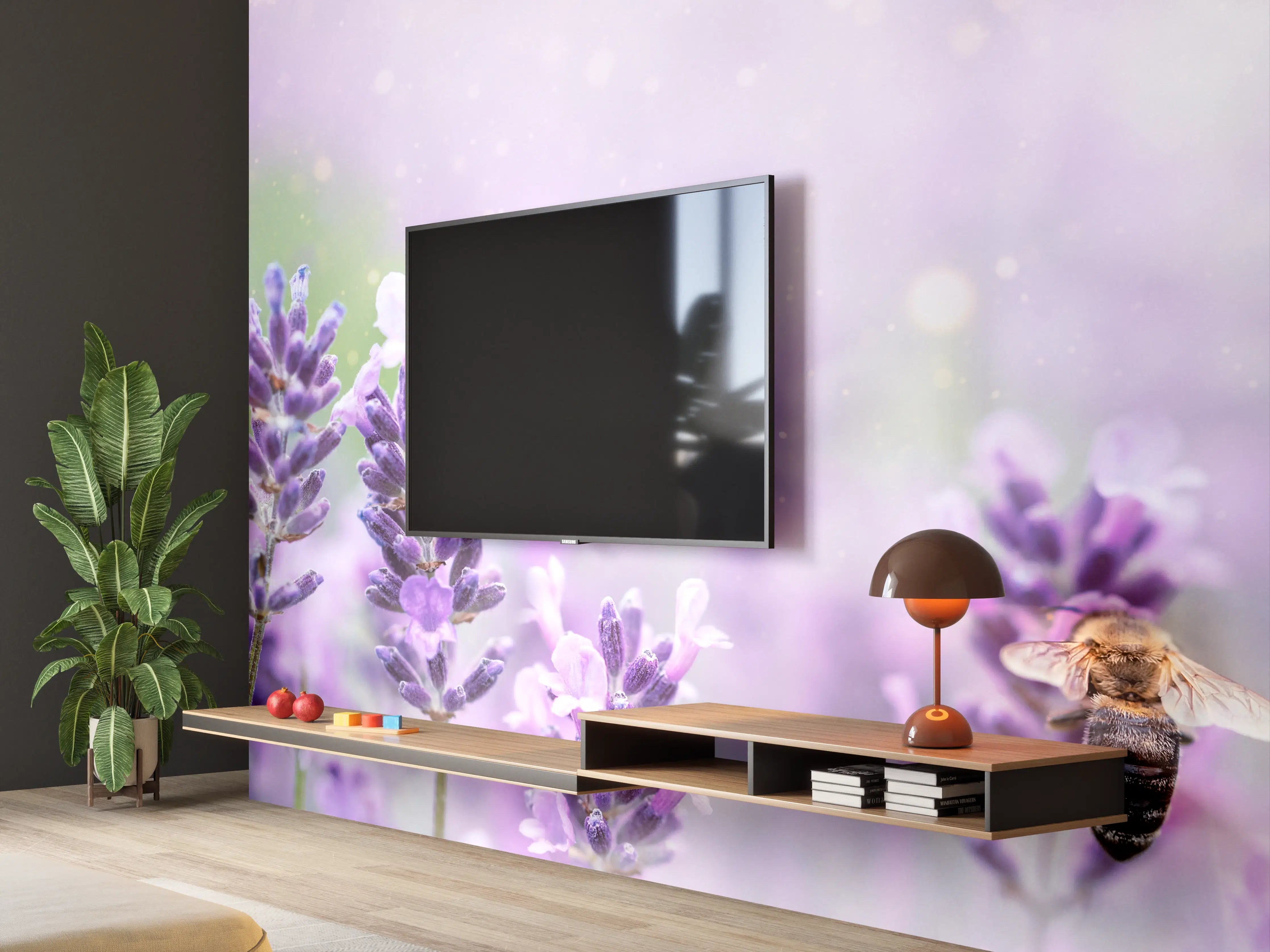 Wandverkleidung Wohnzimmer - Lavendelfeld mit Bienen