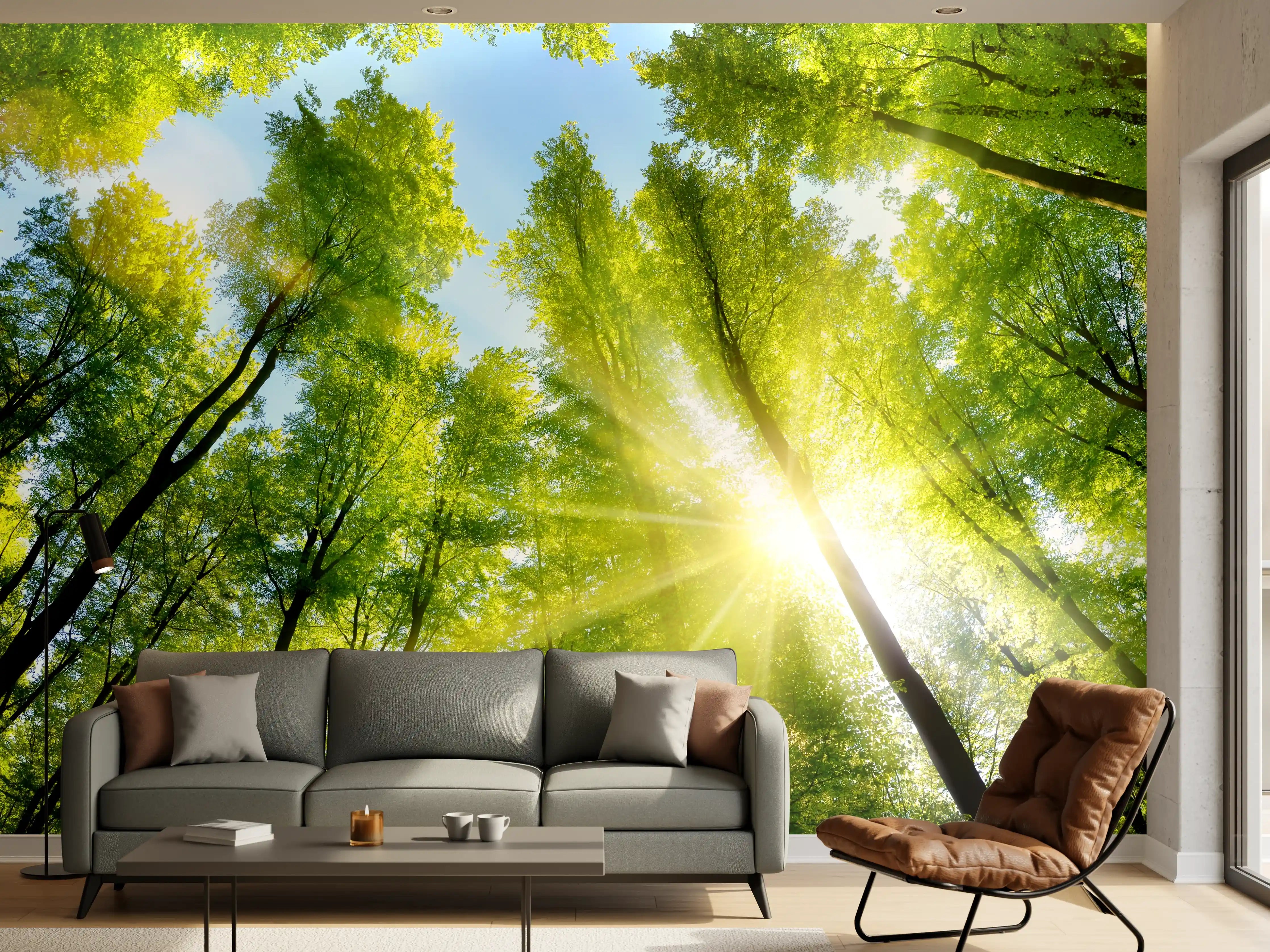 Wandverkleidung Wohnzimmer - Lebendige Baumkronen im Sonnenlicht