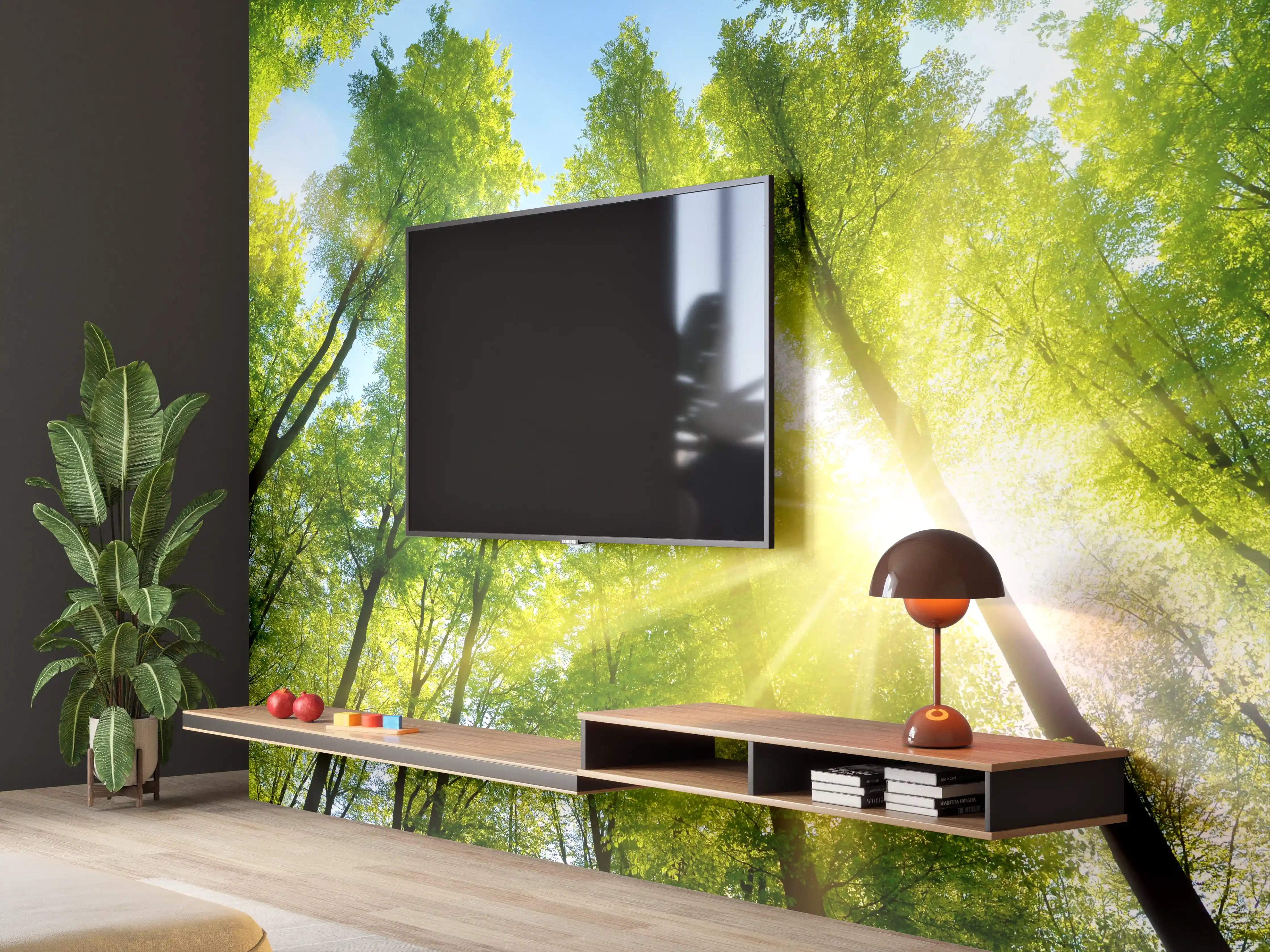 Wandverkleidung Wohnzimmer - Lebendige Baumkronen im Sonnenlicht