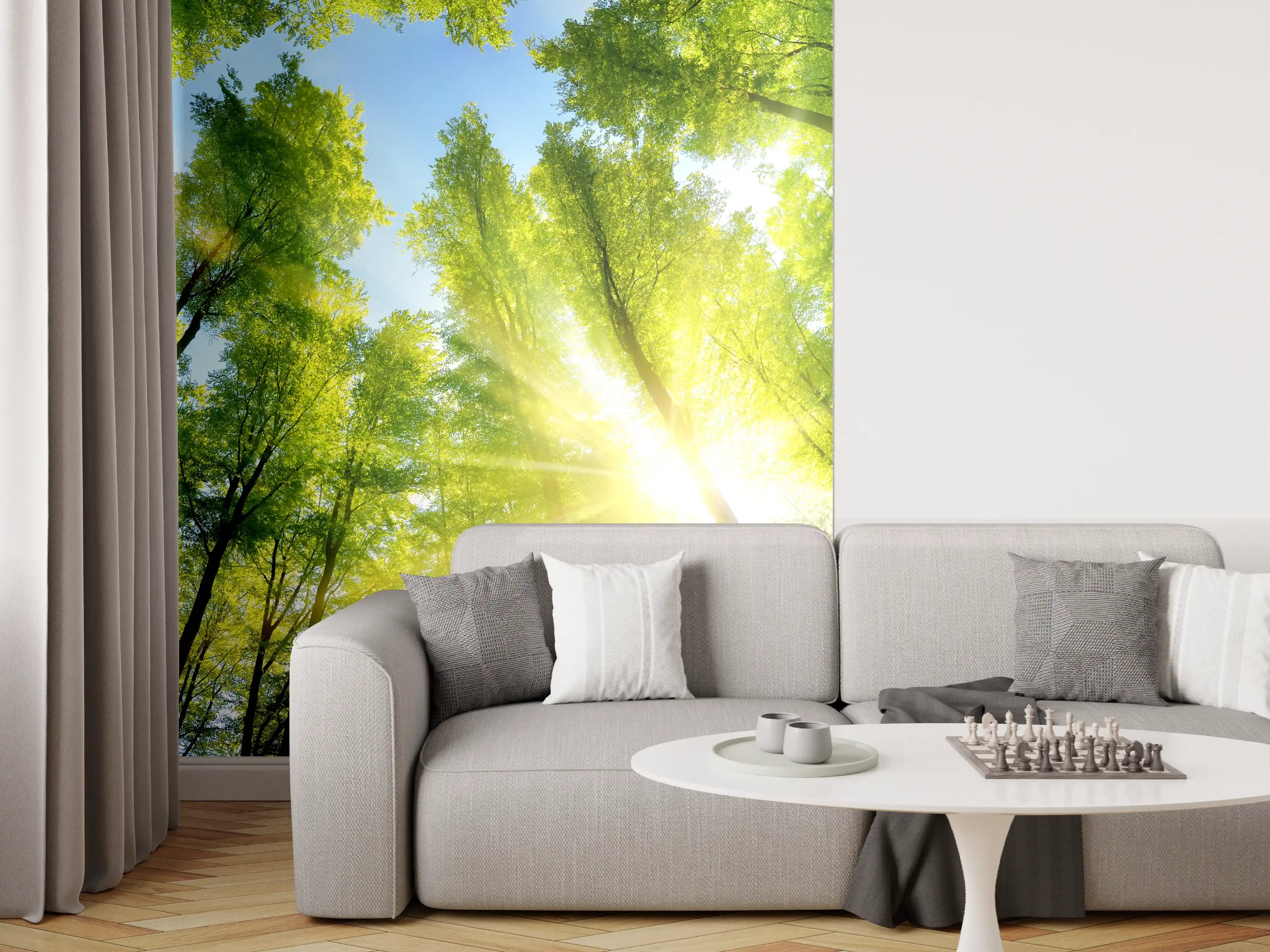Wandverkleidung Wohnzimmer - Lebendige Baumkronen im Sonnenlicht
