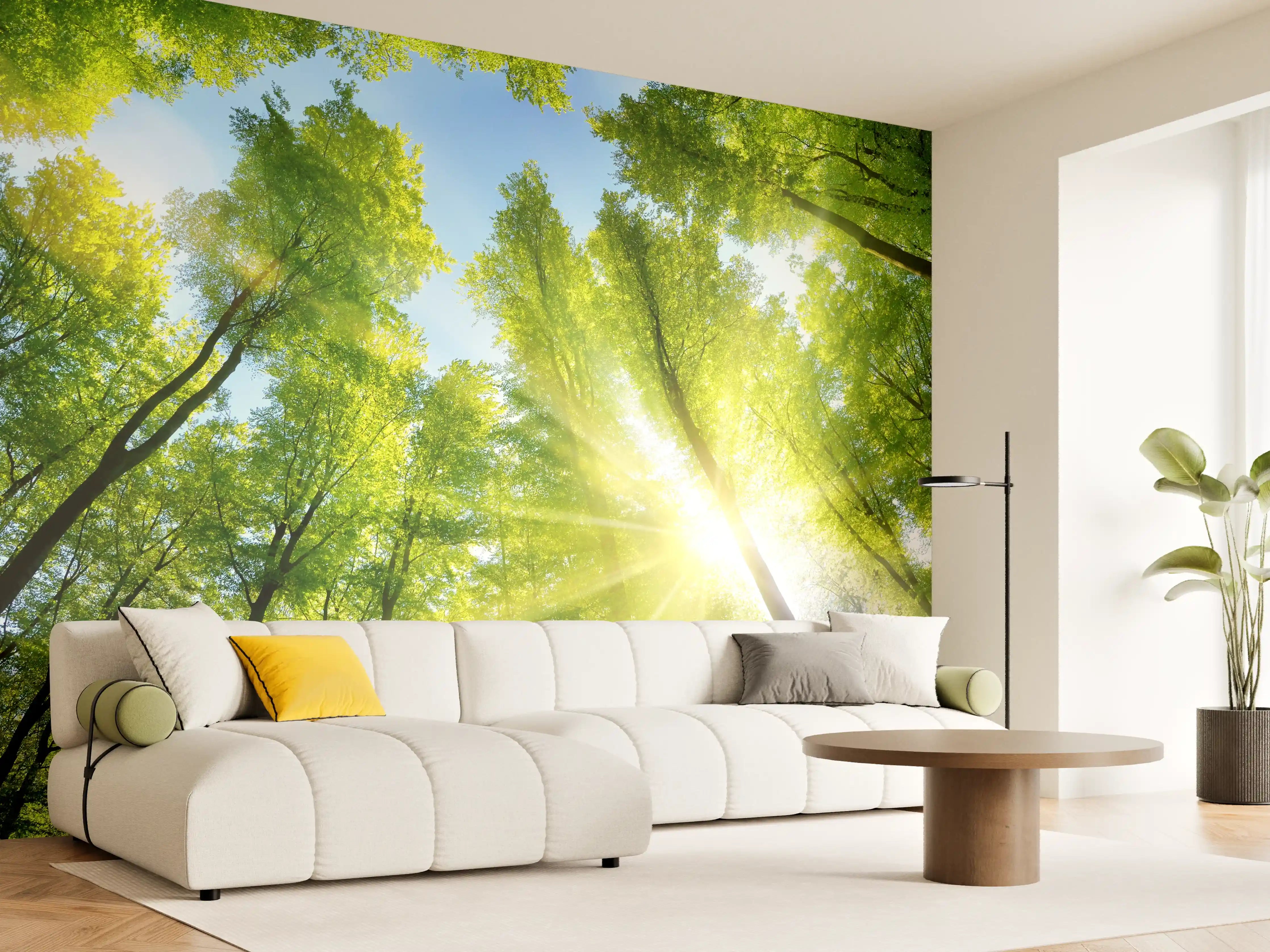 Wandverkleidung Wohnzimmer - Lebendige Baumkronen im Sonnenlicht