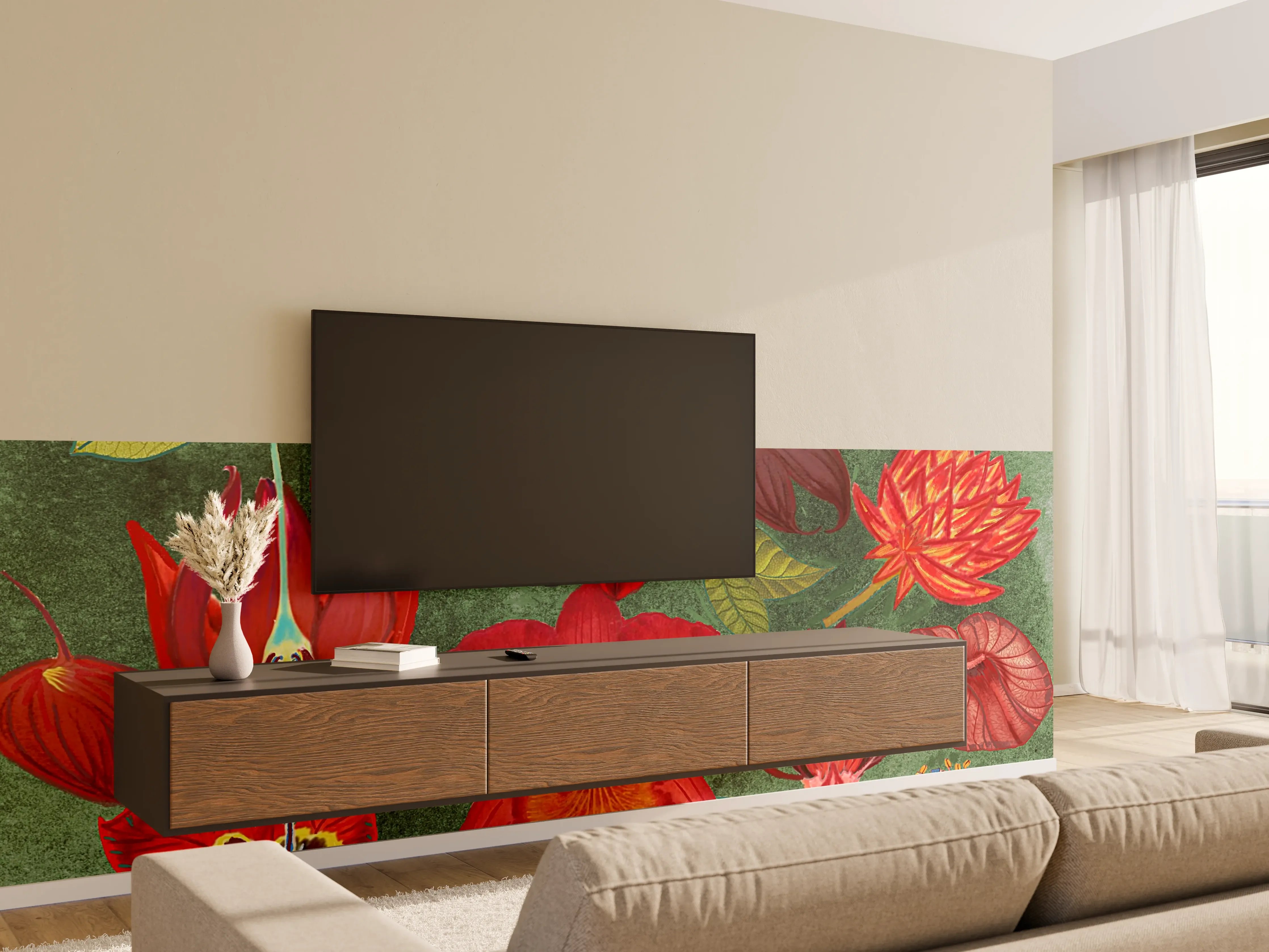 Wandverkleidung Wohnzimmer - Lebendige Blumenpracht auf grüner Hintergrundfläche