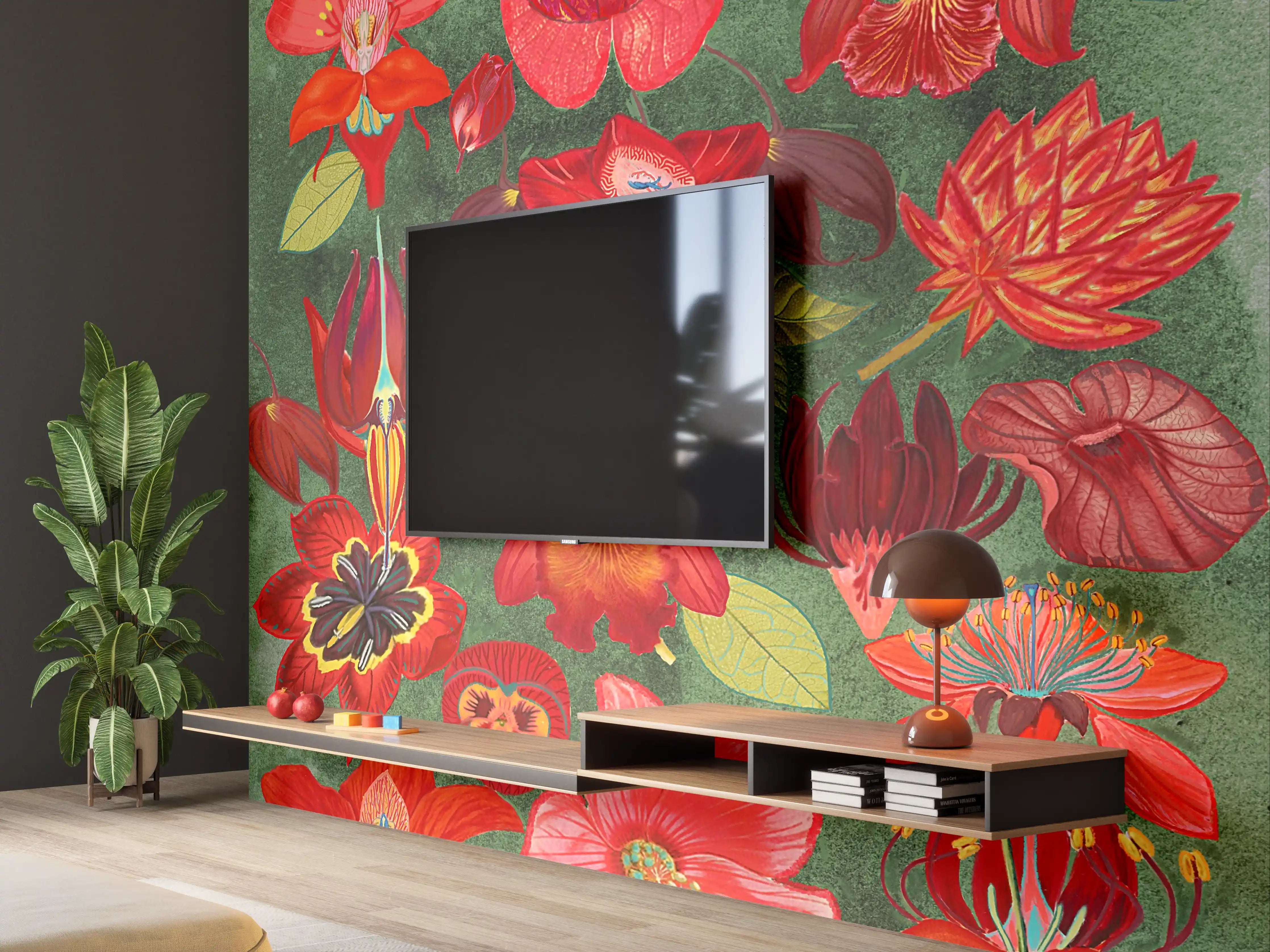 Wandverkleidung Wohnzimmer - Lebendige Blumenpracht auf grüner Hintergrundfläche