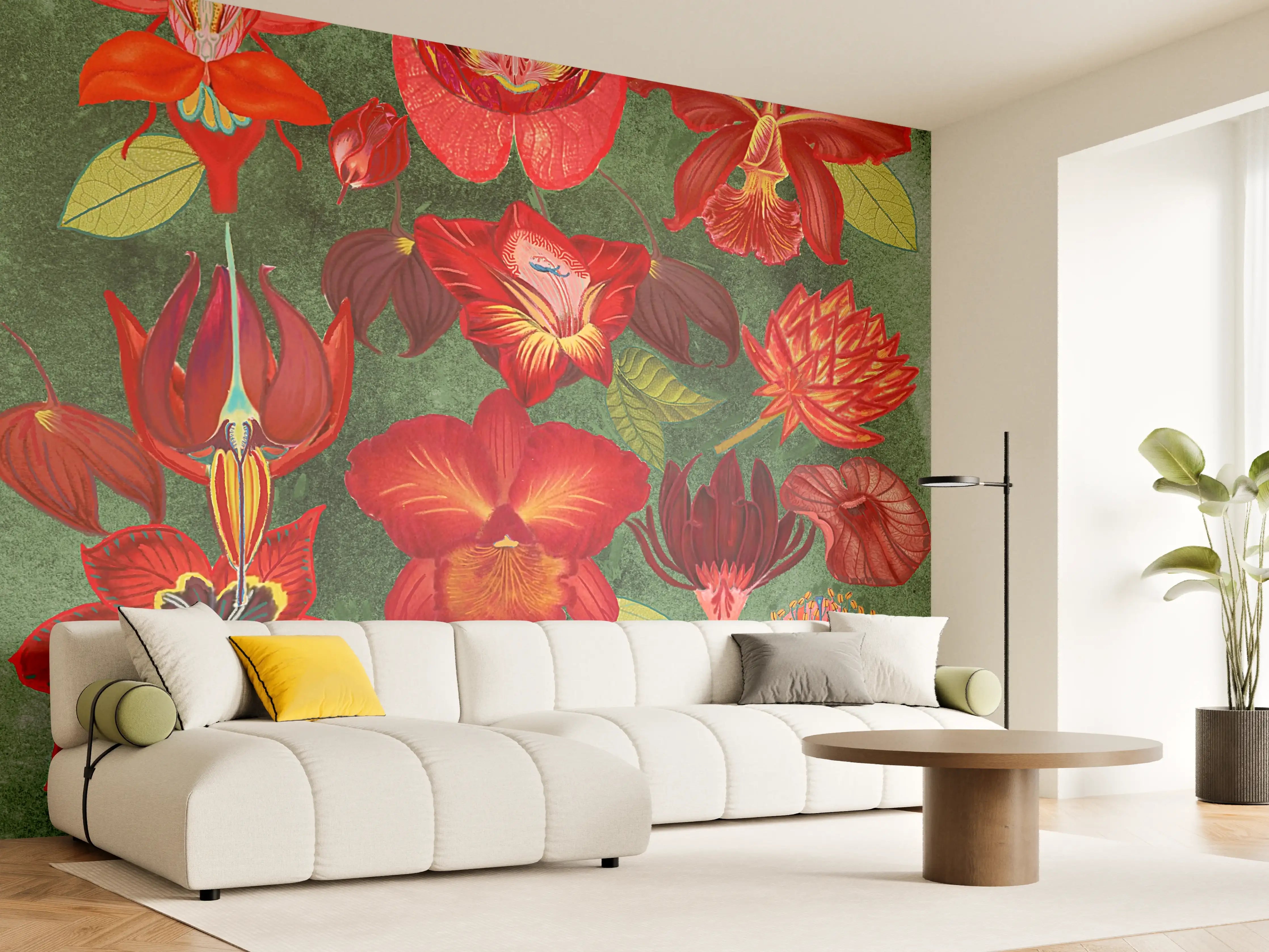 Wandverkleidung Wohnzimmer - Lebendige Blumenpracht auf grüner Hintergrundfläche