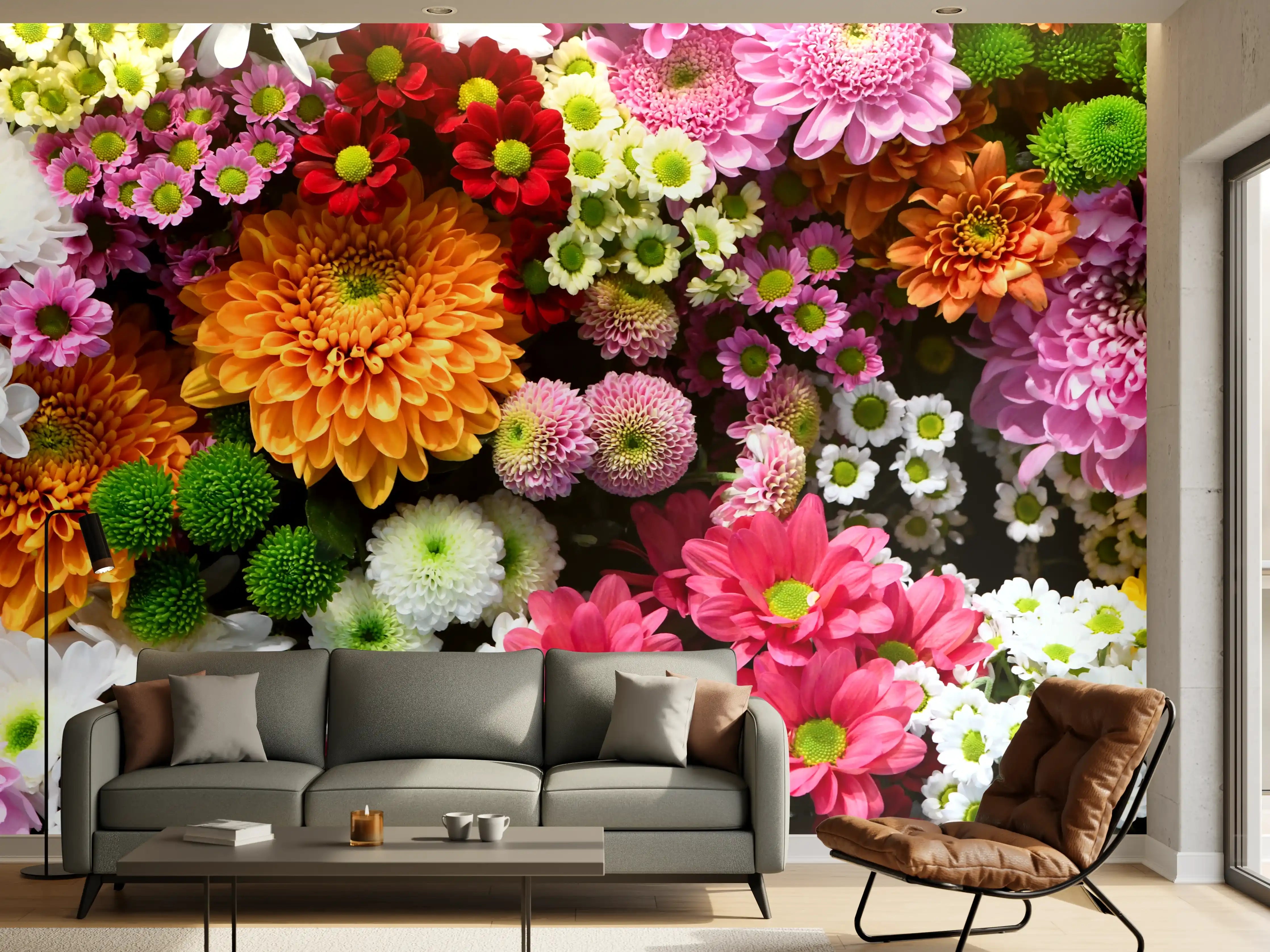 Wandverkleidung Wohnzimmer - Lebendige Blumenvielfalt in leuchtenden Farben