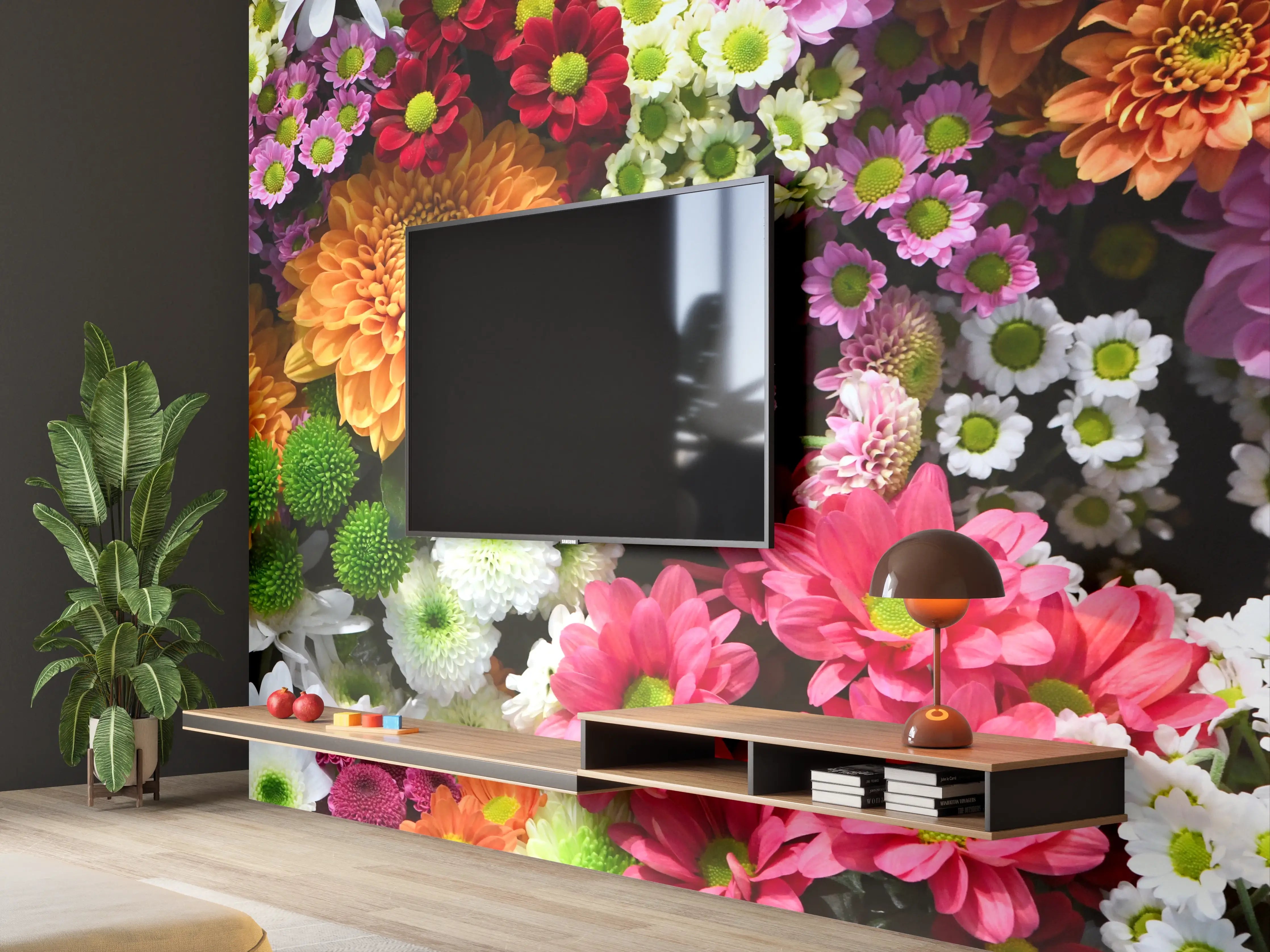Wandverkleidung Wohnzimmer - Lebendige Blumenvielfalt in leuchtenden Farben