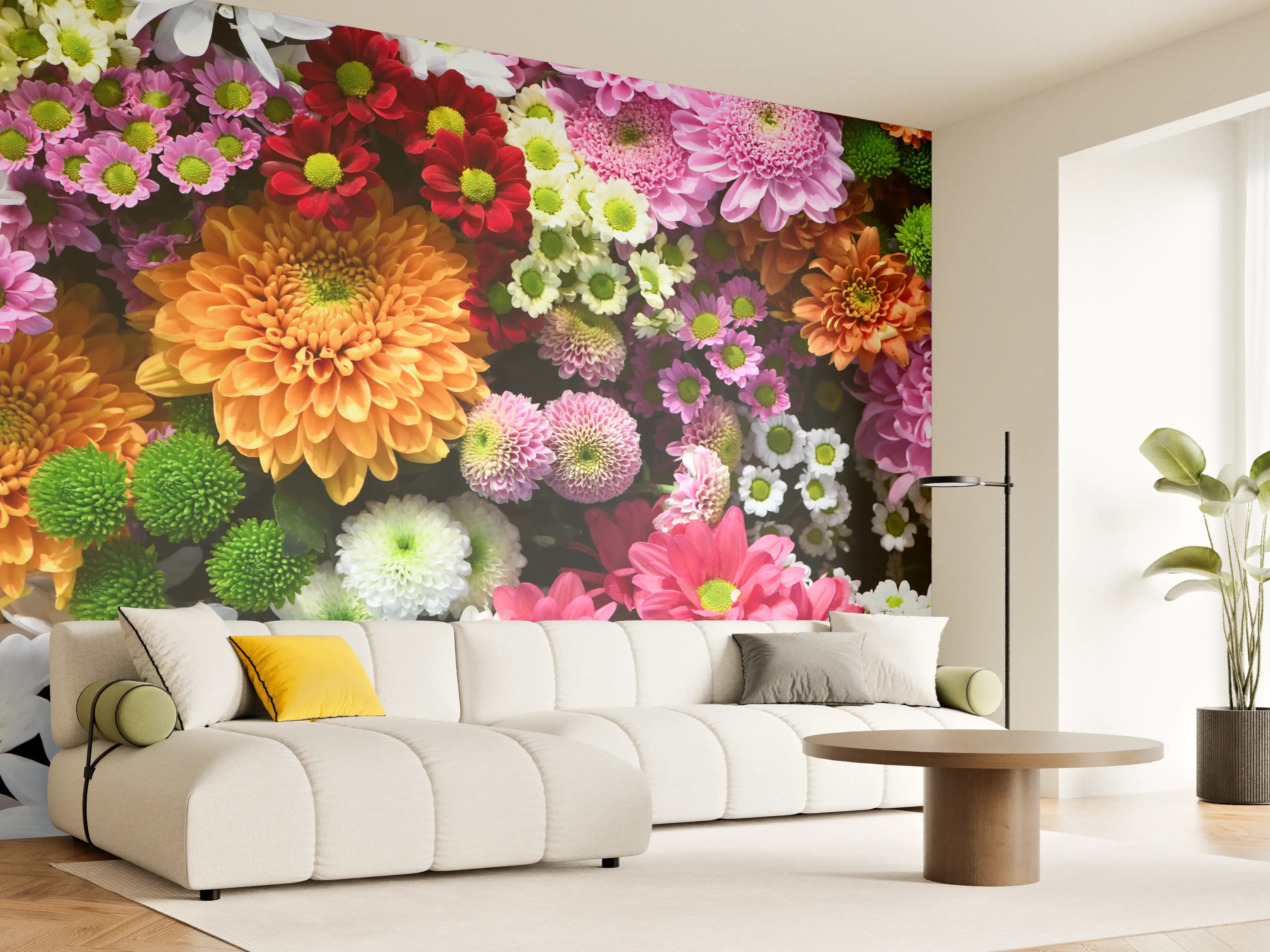 Wandverkleidung Wohnzimmer - Lebendige Blumenvielfalt in leuchtenden Farben