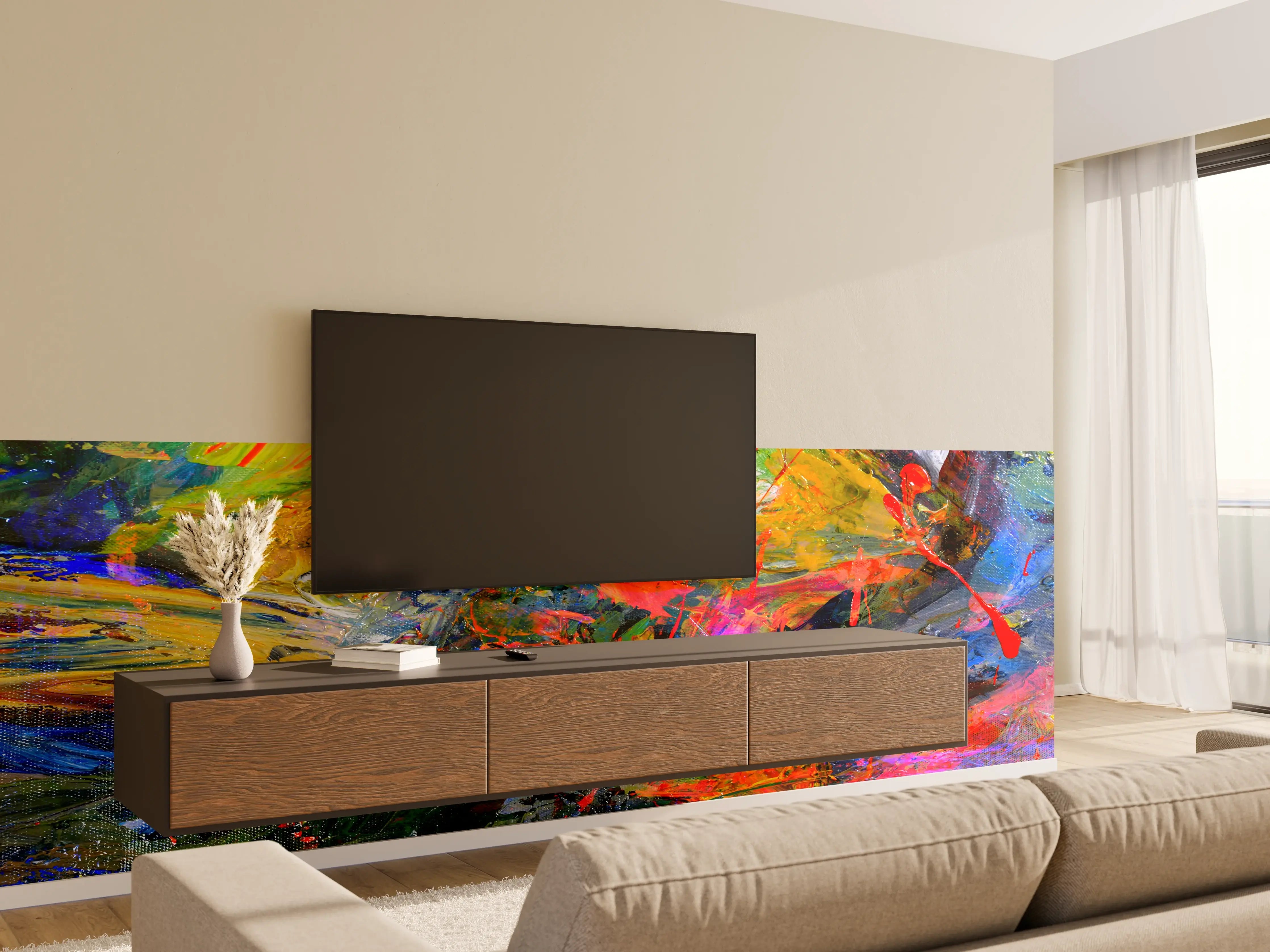 Wandverkleidung Wohnzimmer - Lebendige Farbexplosion in abstrakter Kunst