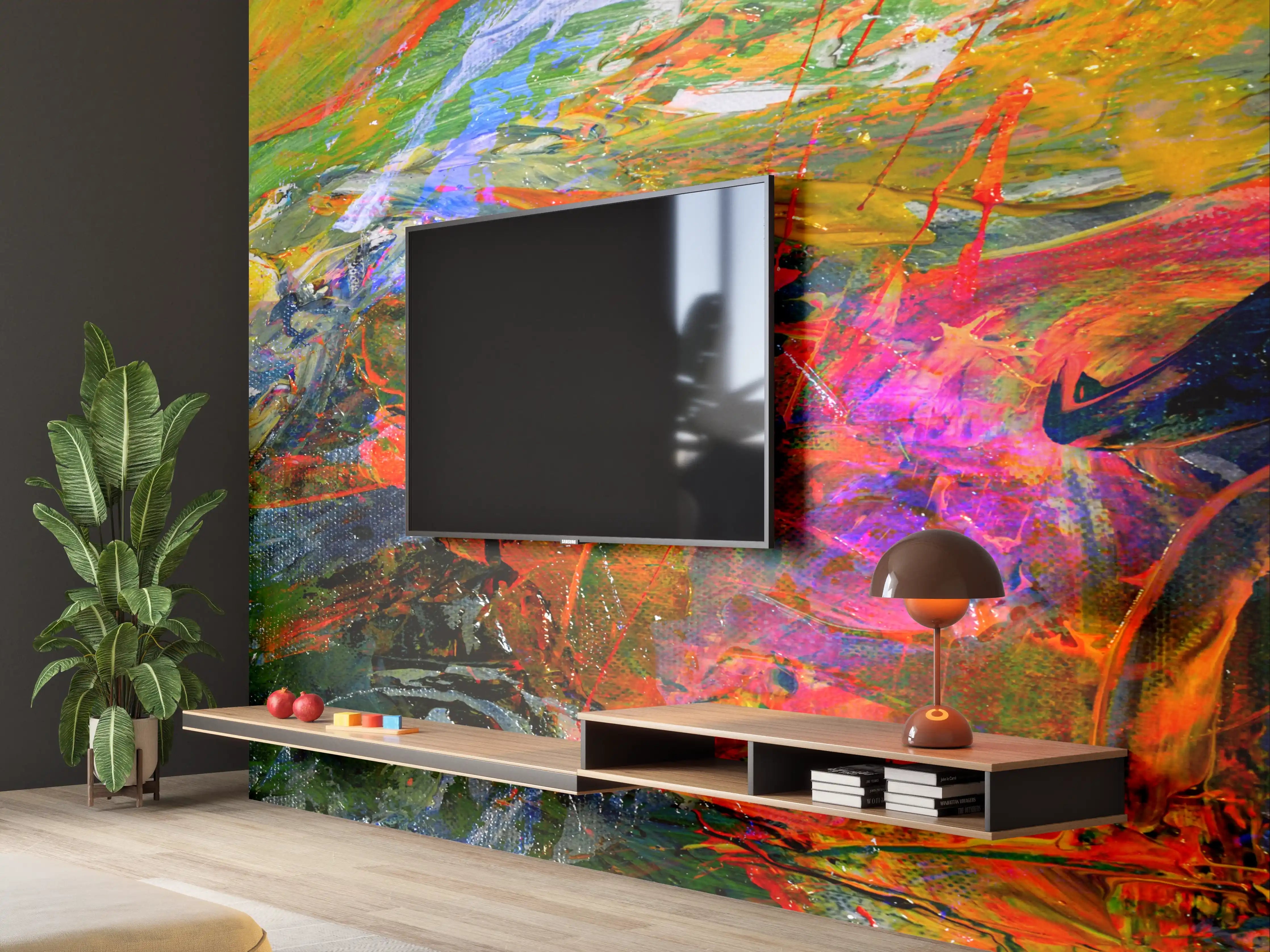 Wandverkleidung Wohnzimmer - Lebendige Farbexplosion in abstrakter Kunst