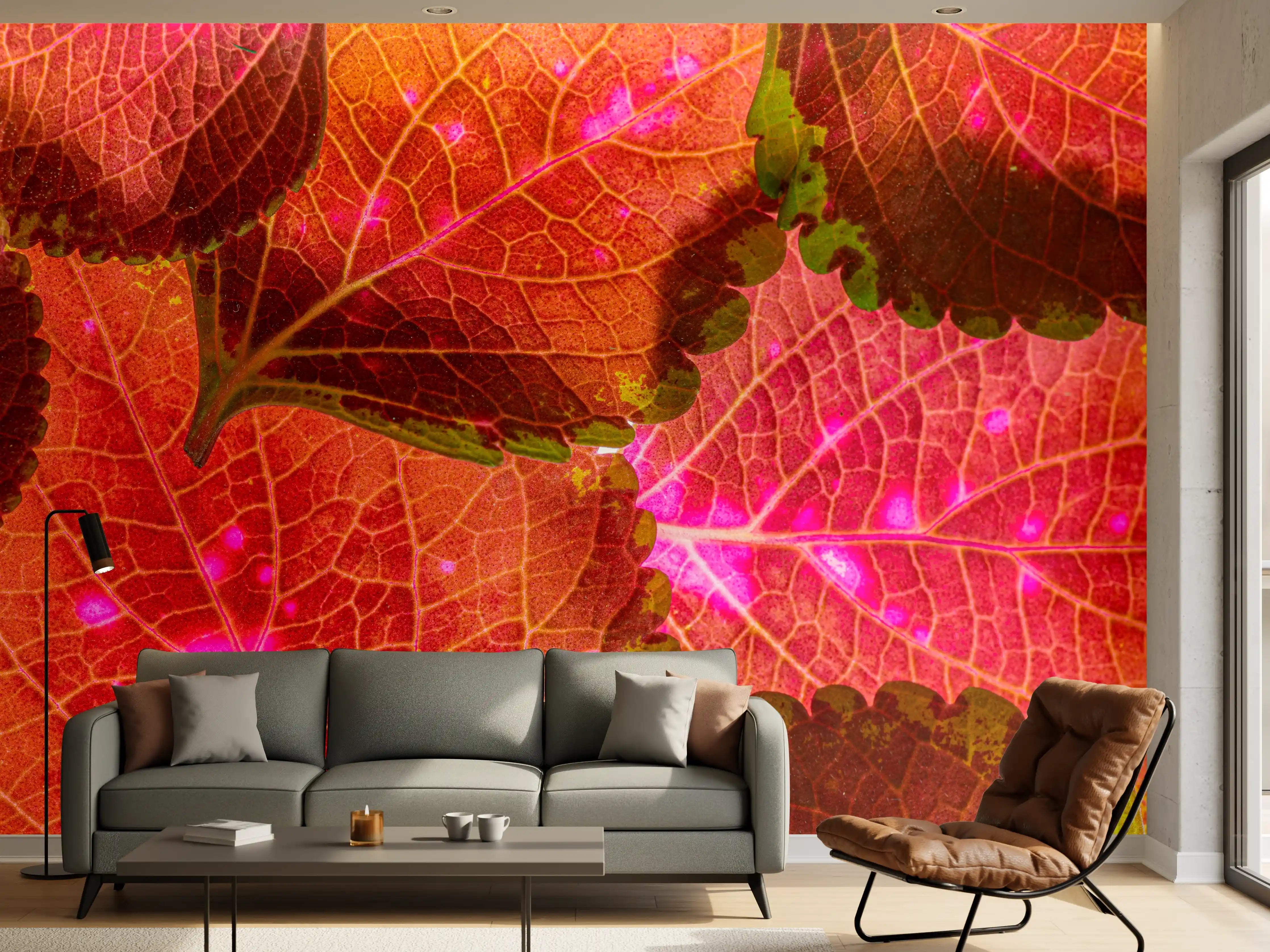 Wandverkleidung Wohnzimmer - Lebendige Herbstblätter in LED-Optik