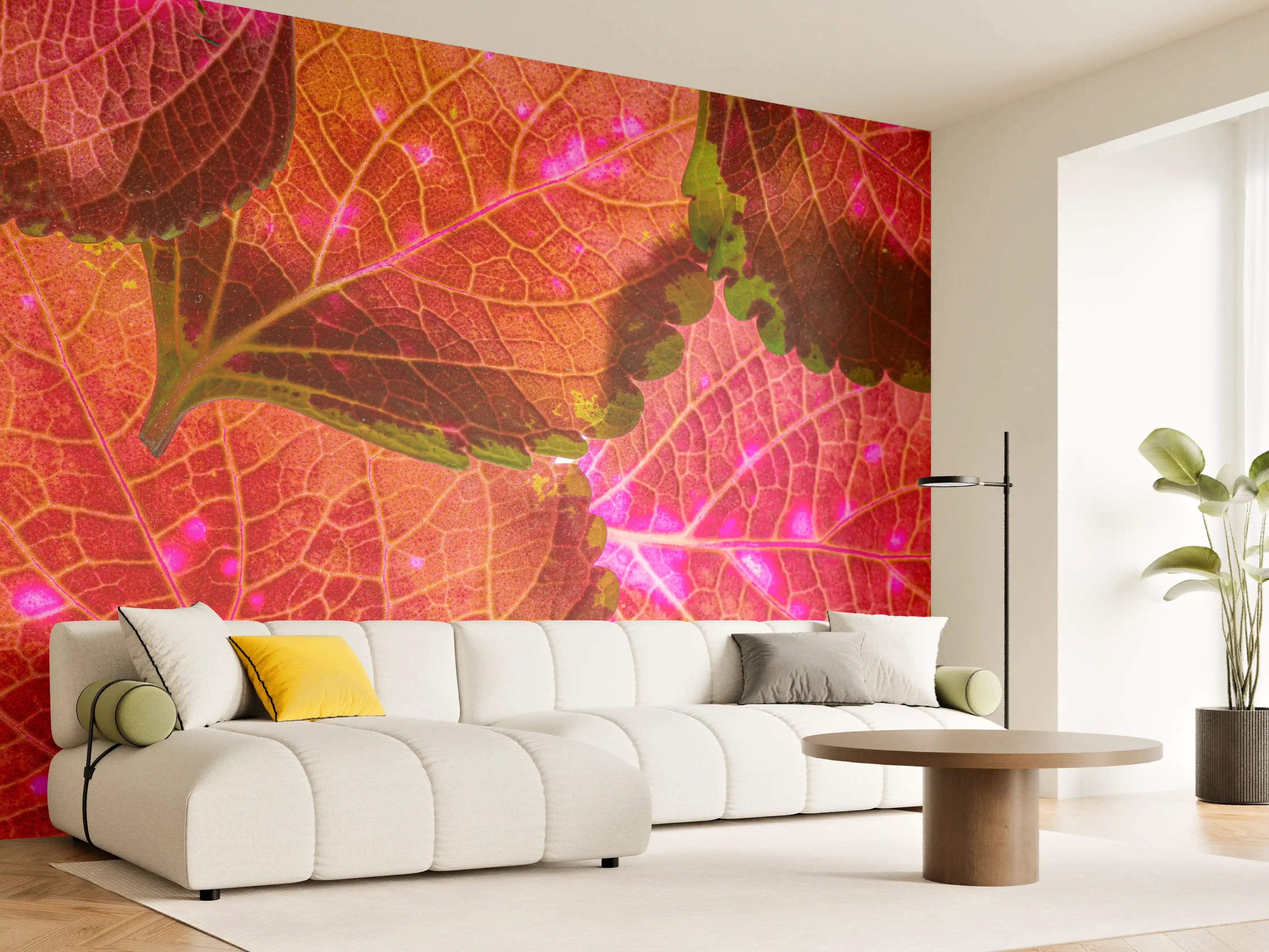 Wandverkleidung Wohnzimmer - Lebendige Herbstblätter in LED-Optik