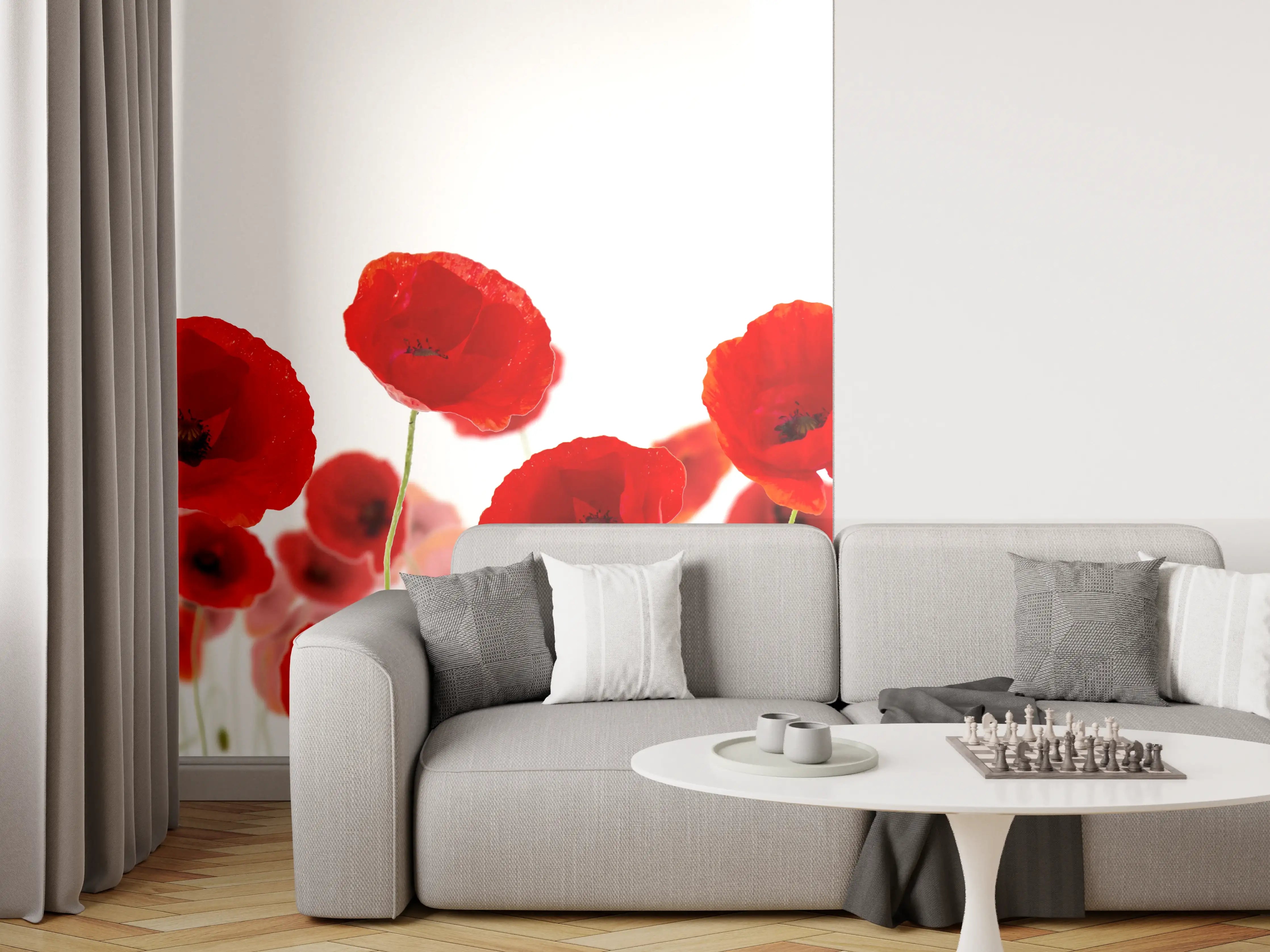 Wandverkleidung Wohnzimmer - Lebendige Mohnblumen auf Feld
