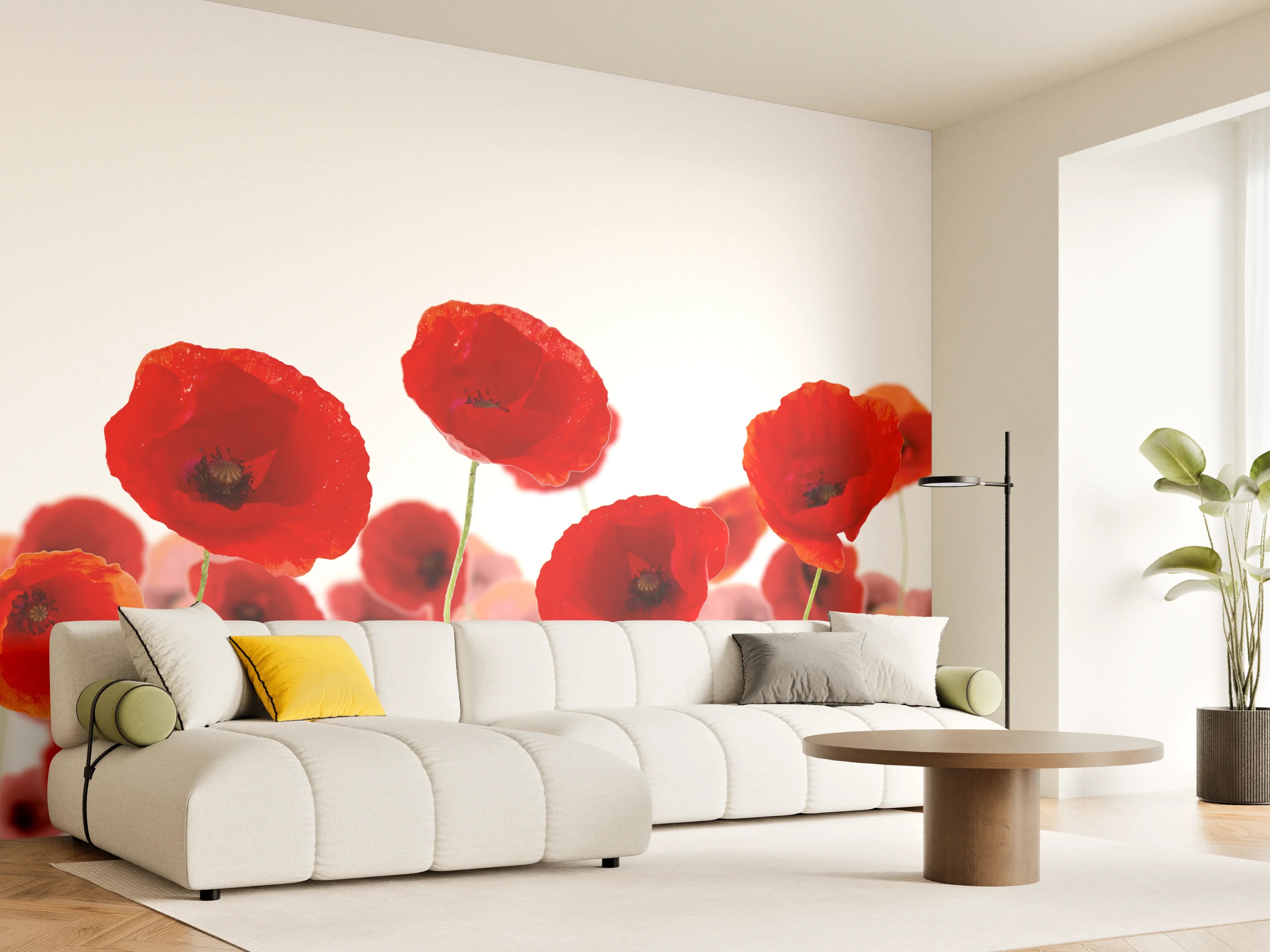 Wandverkleidung Wohnzimmer - Lebendige Mohnblumen auf Feld